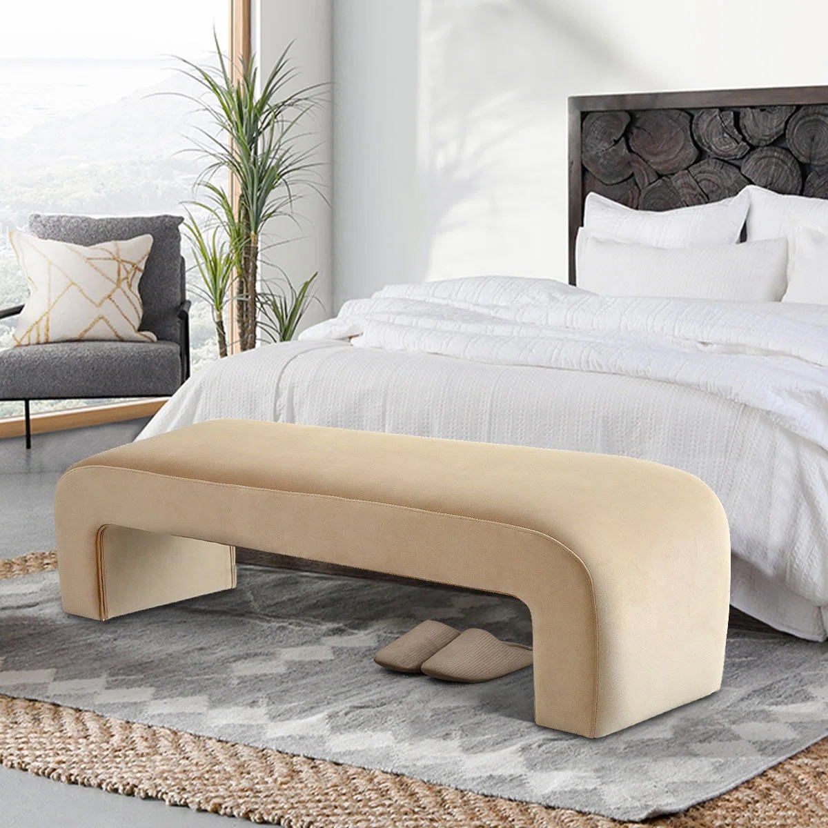 Floran Velvet 2 Seater Ottoman Bench in Cream  Color - Home Lifestylez
