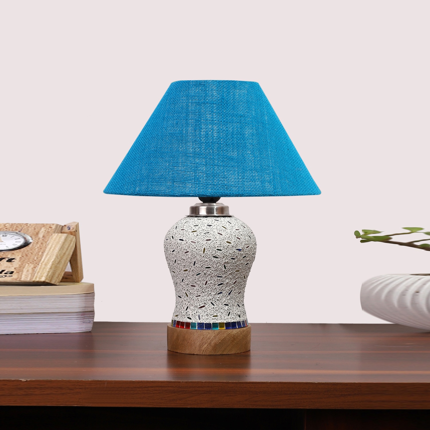 Devansh Conical Turquoise Jute Shade Lamp With Wood & Mosaic Glass Base For Decoration/Office/Home/Gifting/Study For Decoration/Office/Home/Gifting/Study -(10X10X14.5) Inches -A - Devansh