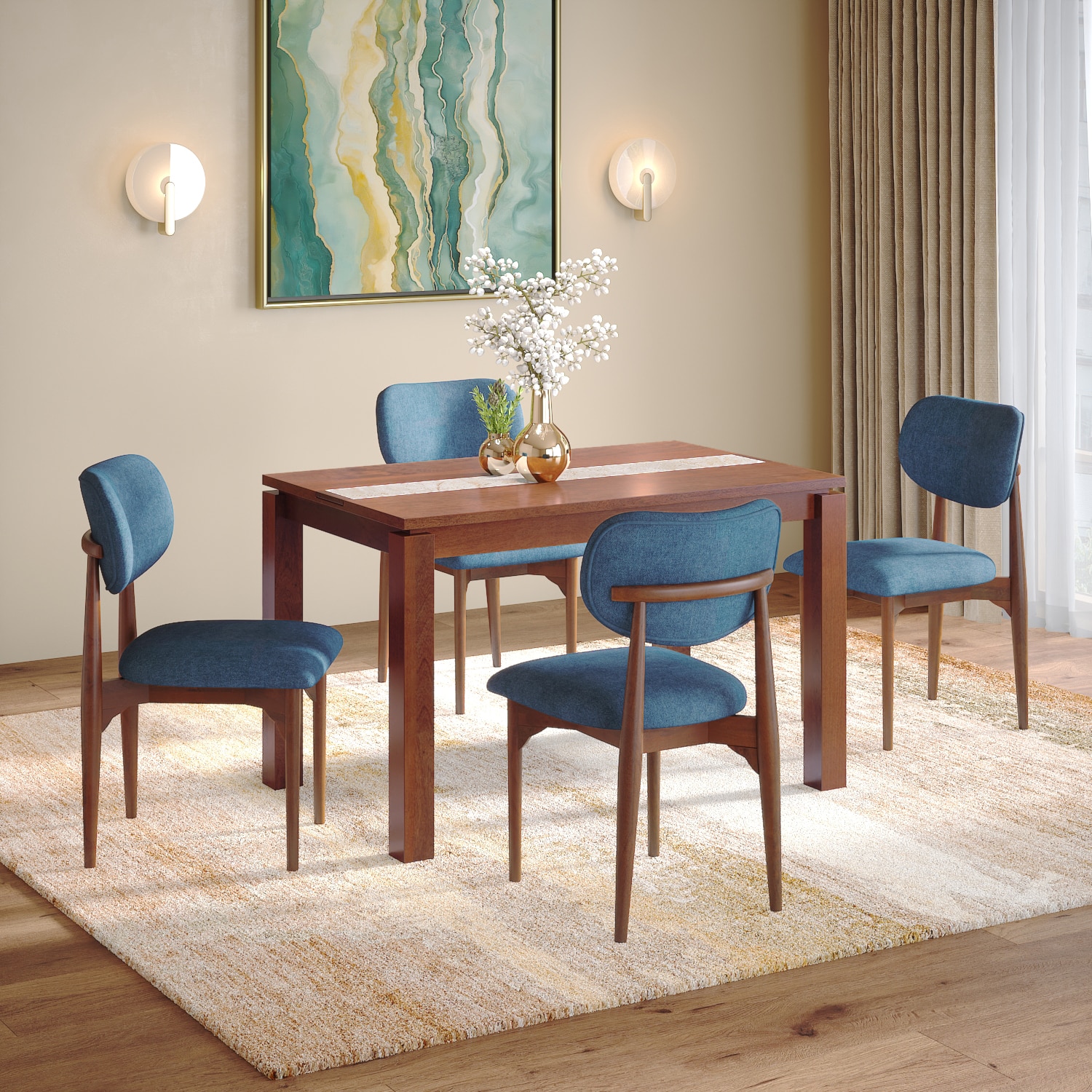 Atlas Crest Solid Wood 4 Seater Dining Table With 4 Ollie Dining Chairs (Finish : Honey, Chair Colour : Baltic Blue)