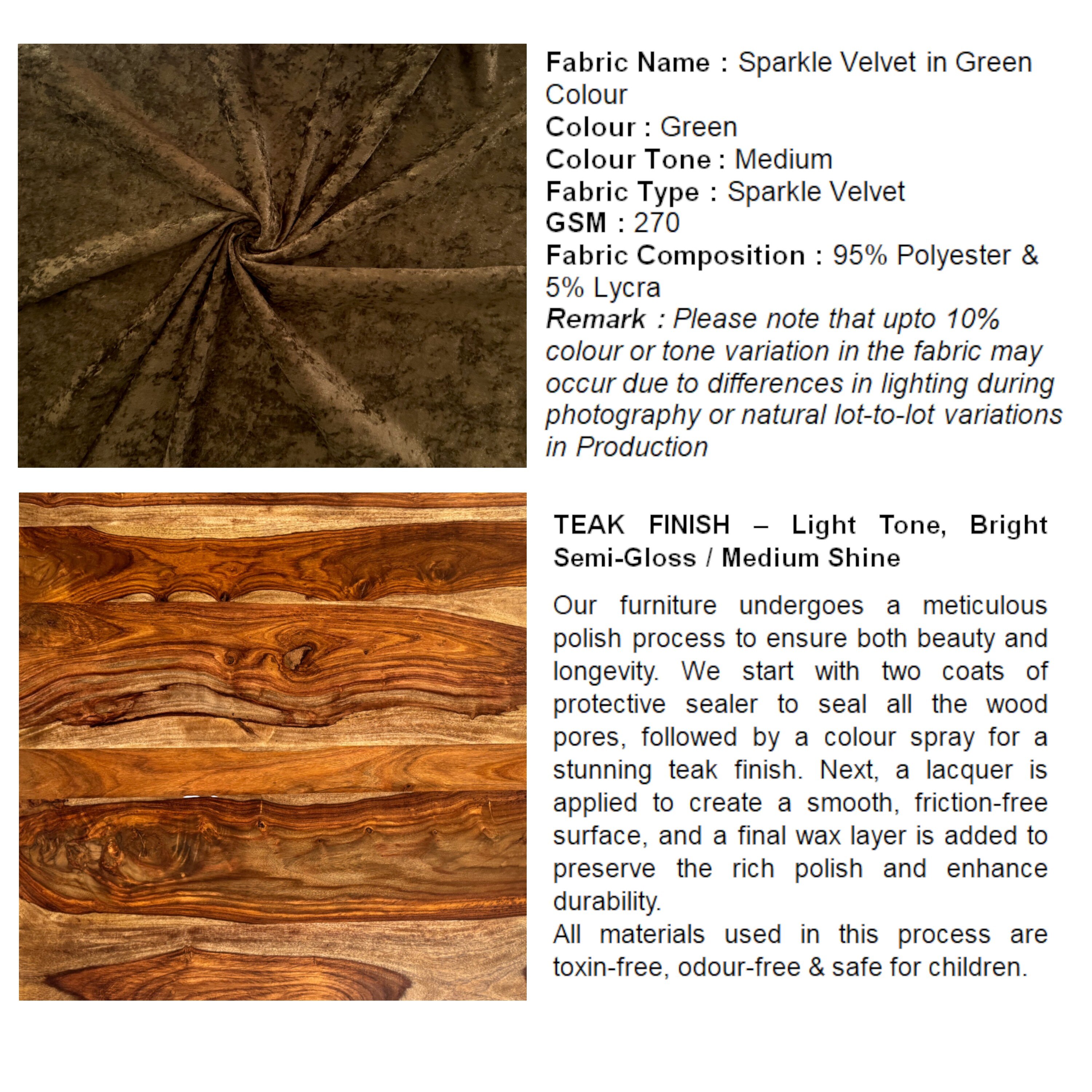 Nayla Solid Wood Stool in Green Sparkle Velvet Fabric