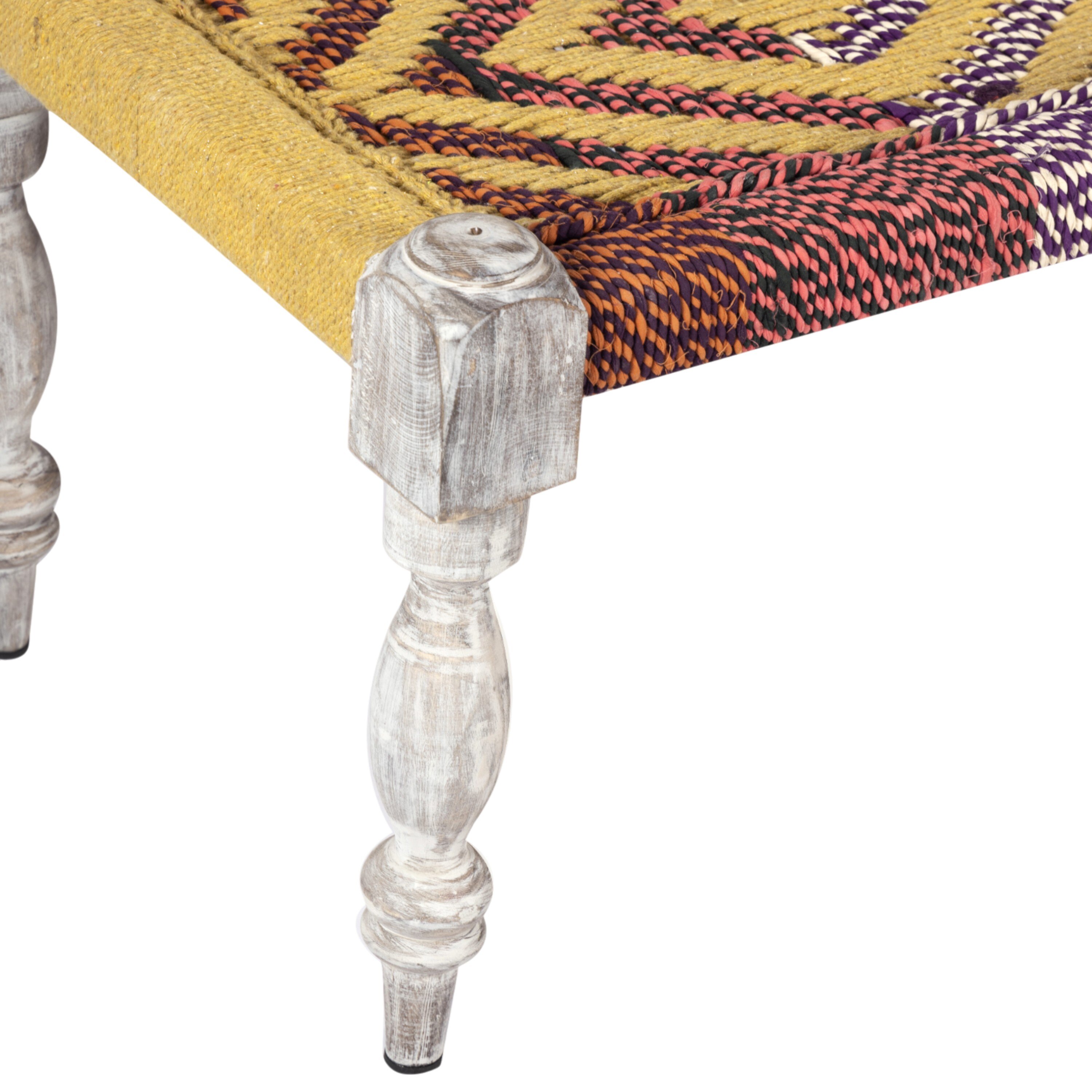 Hamilton Sheesham Wood 2 Seater Maachi Bench In Assorted Multi-Colour Chindi & Yellow Rope Canning
