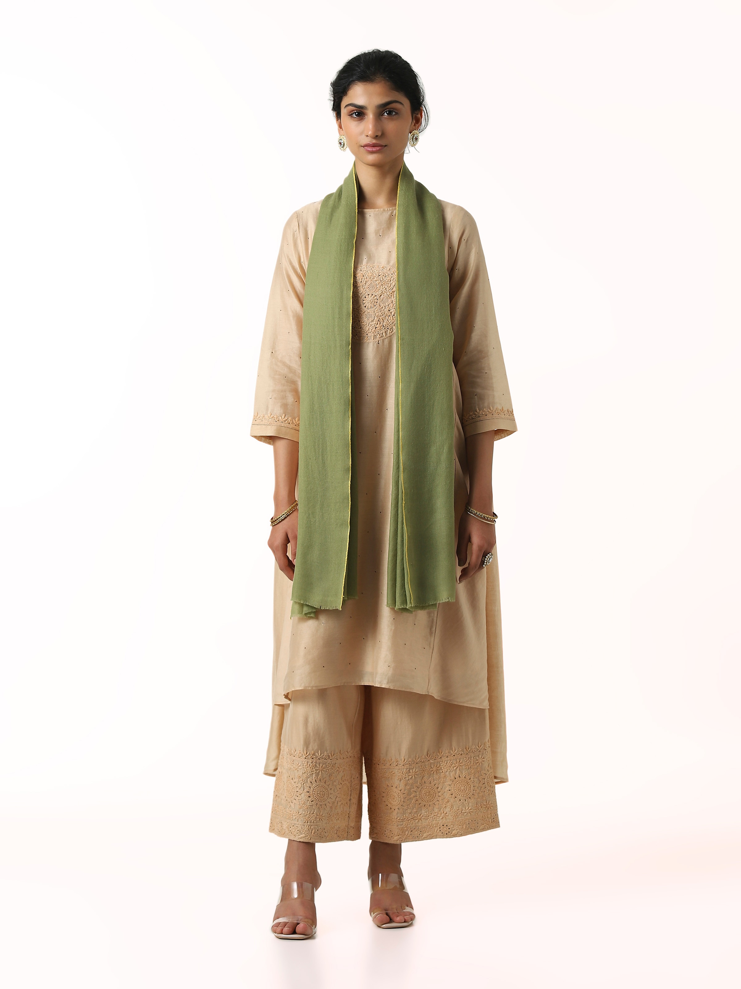 Green Cashmere Kaaj Embroidered Handwoven Stole