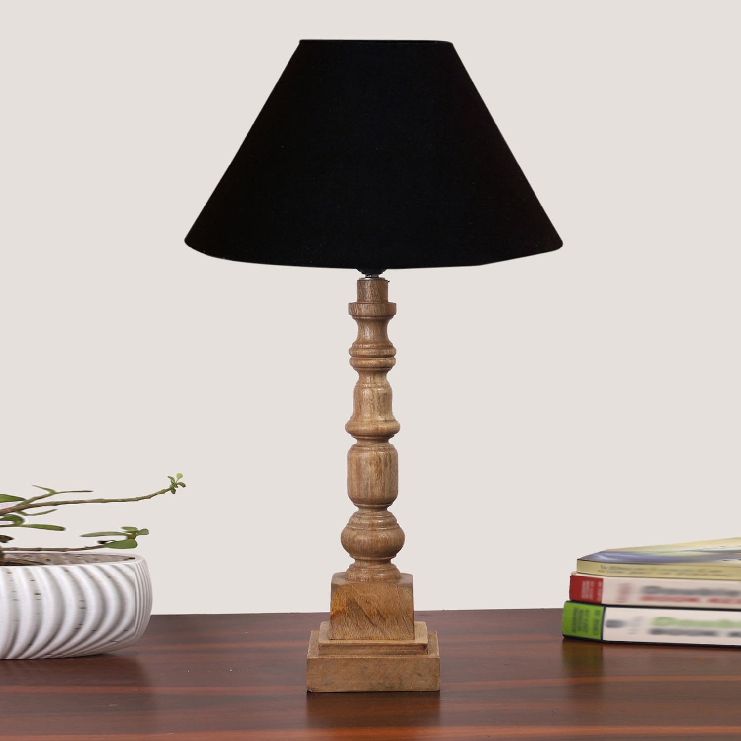 Devansh Black Cotton Table Lamp With  Wood Natural Base (10X10X21 Inches)-28
