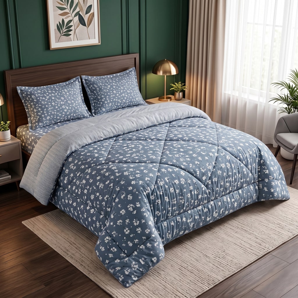 Grey Floral 4 Pcs Comforter set with Queen size bedsheet + 2 Pillow covers - Threads
