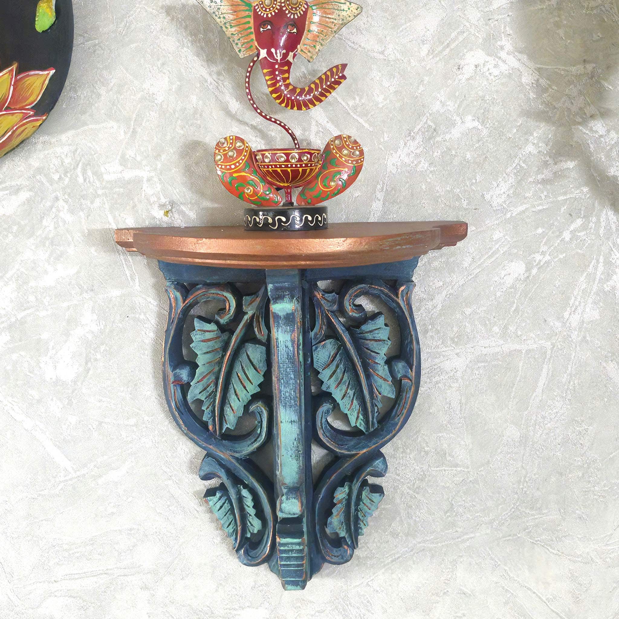 Multishade Colour Solid Wood Handcarved Kalpavriksha Floating Wall Shelf with distres finish by DisooFashions - Disoo Fashions