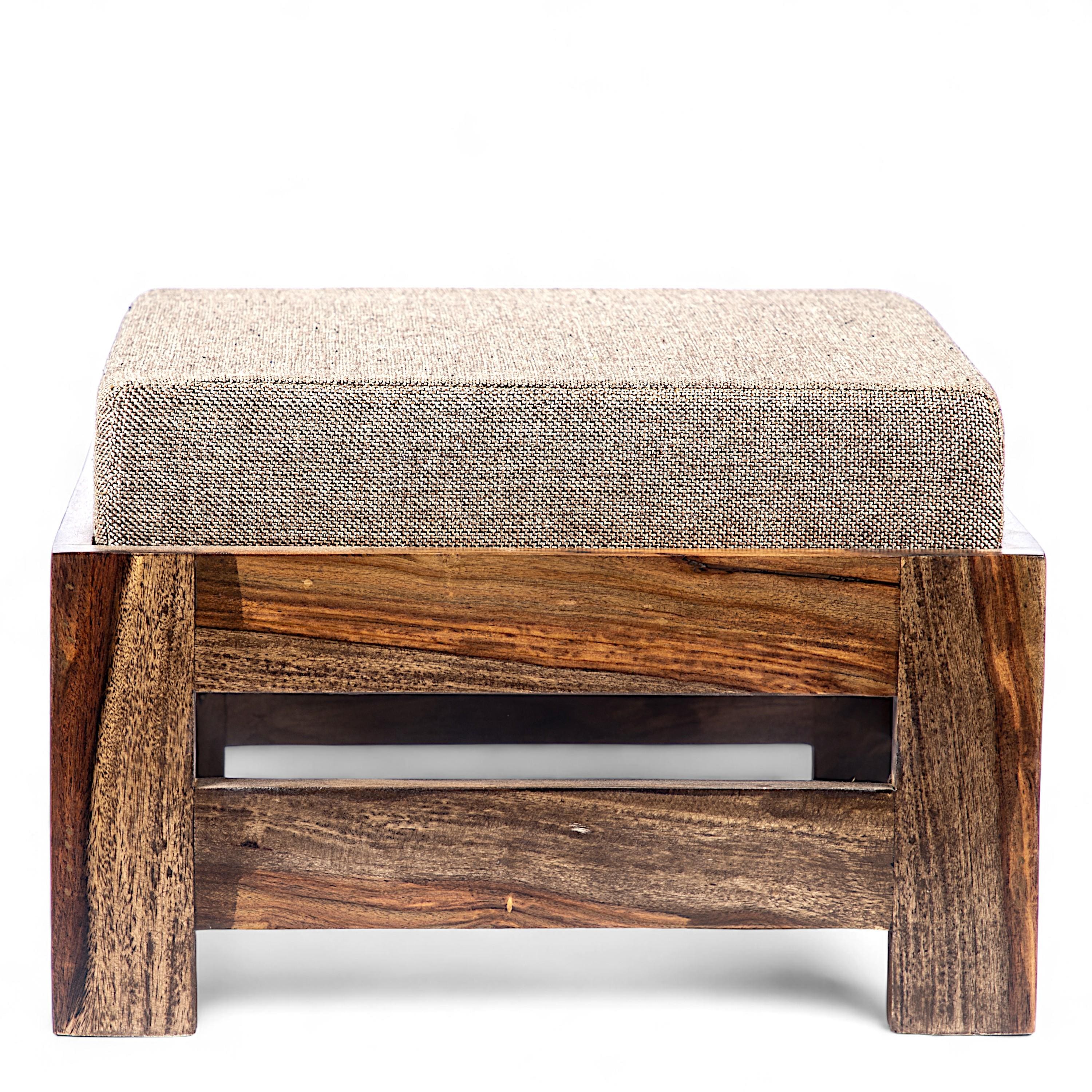 Amber Sheesham Wood Foot Stool in Teak Finish with Jute Beige Cushion