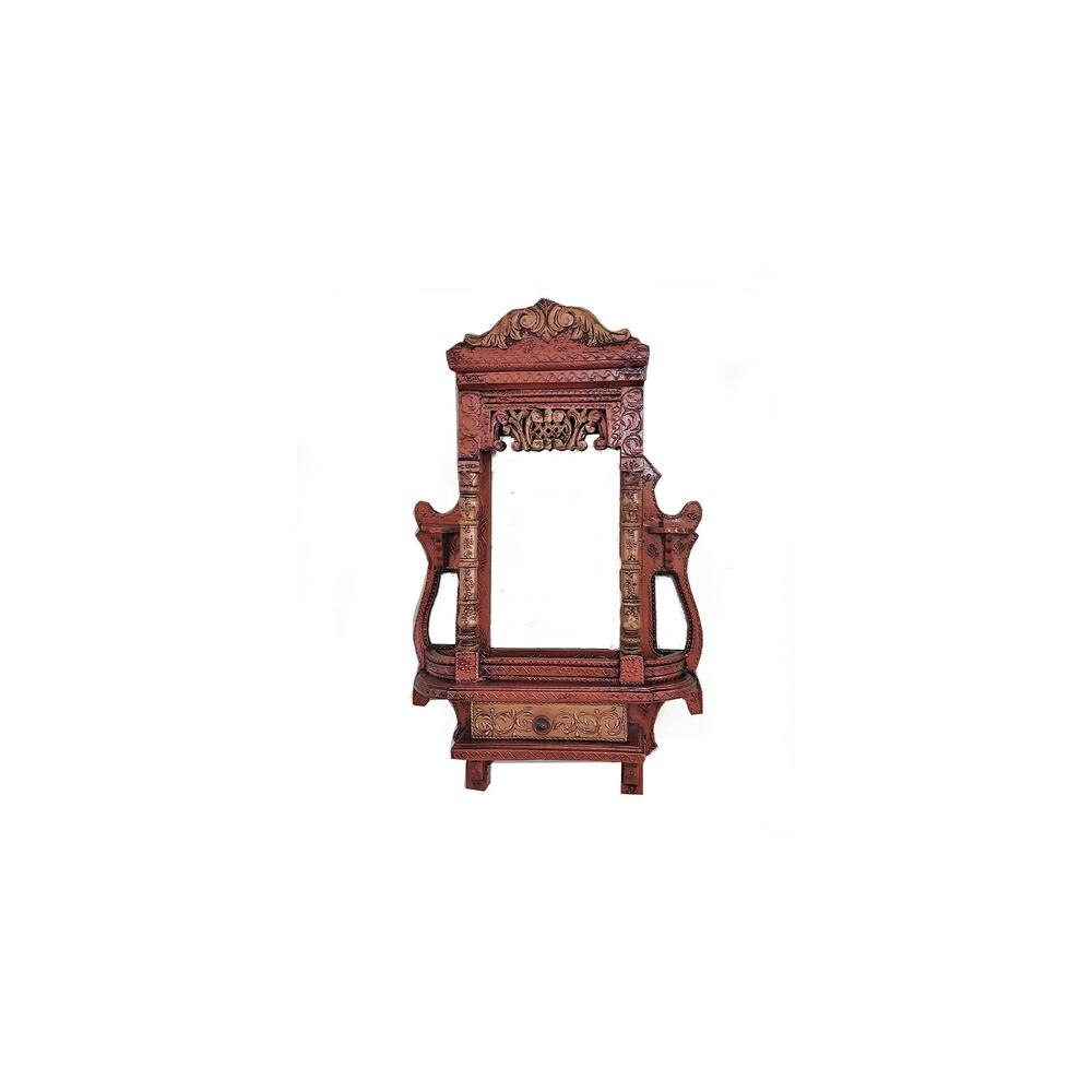 Handmade Wooden Brown Jharokha cum Pooja Shelf with Drawer