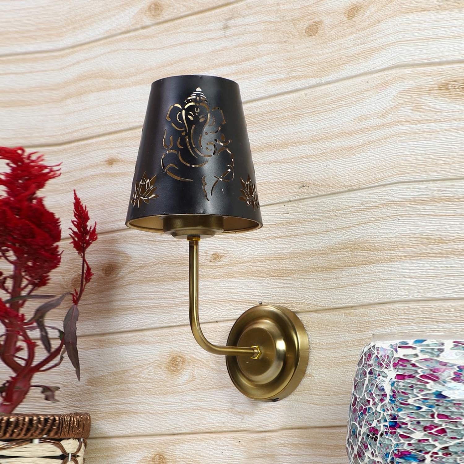 Devansh Metal Electric Wall Light in Gold Colour with Black Shade Count of 1 Light - Devansh