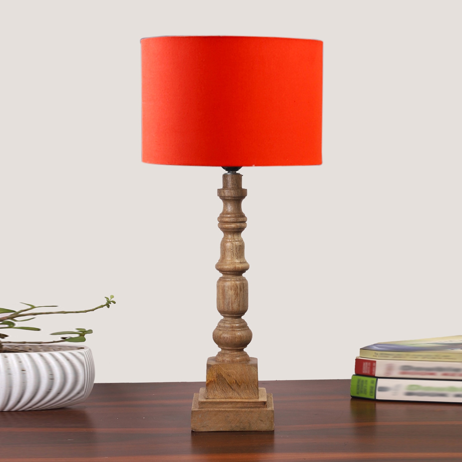Devansh Orange Cotton Table Lamp With  Wood Natural Base (7X7X21.25 Inches)-5