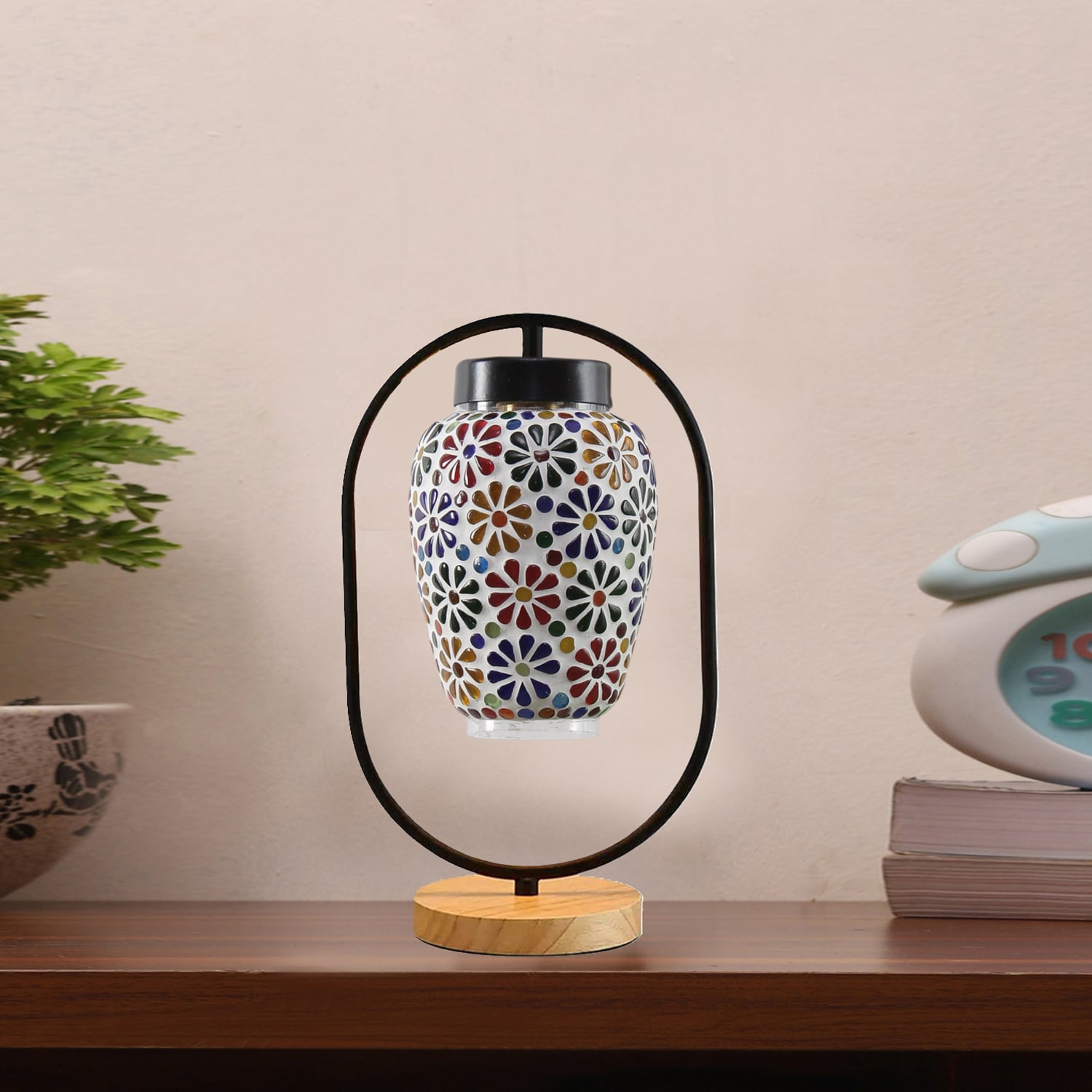 Devansh Multicolor Glass Wooden & Iron  Table Lamp -17 Inch Height  -S