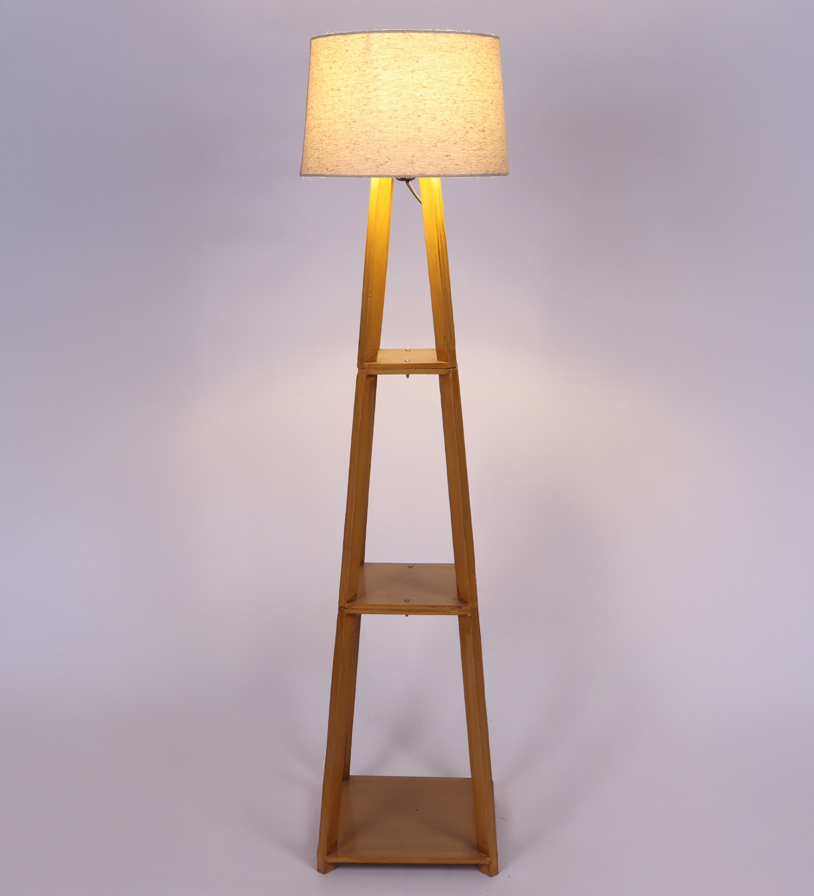 Stool Teak Polish Floor Lamp in Beige Shade