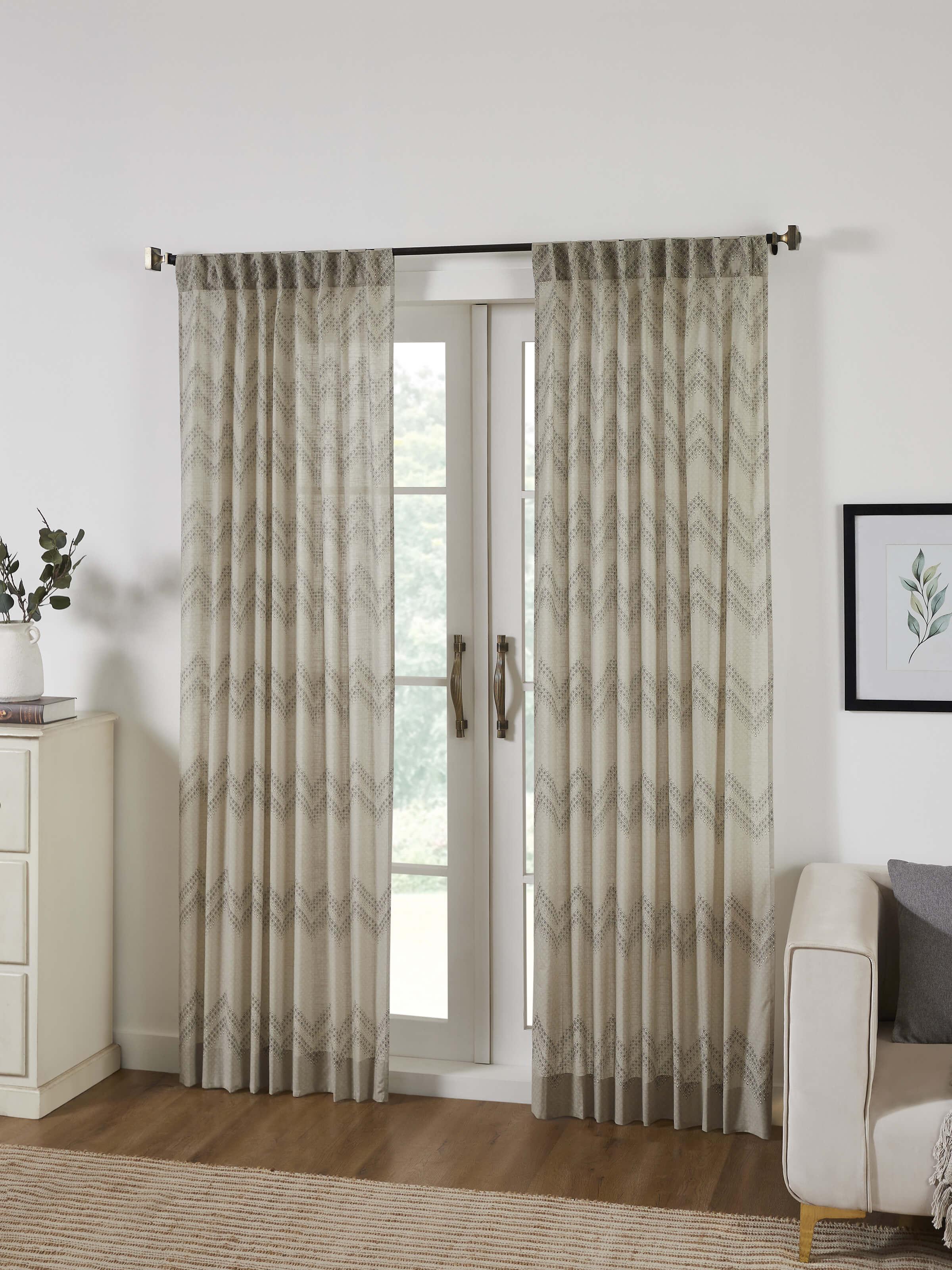 Rambagh Light Green Geo Chevron Cotton Sanganeri Hand Block Printed Curtain (7 Ft)