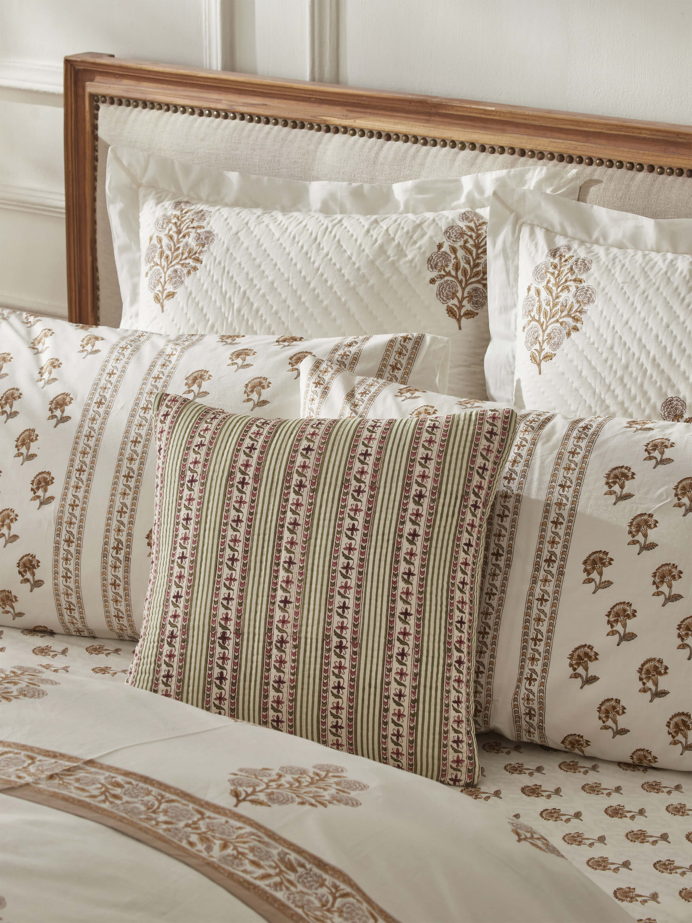 Aarunya Red Floral Stripe Cotton Sanganeri Block Printed Cushion Cover