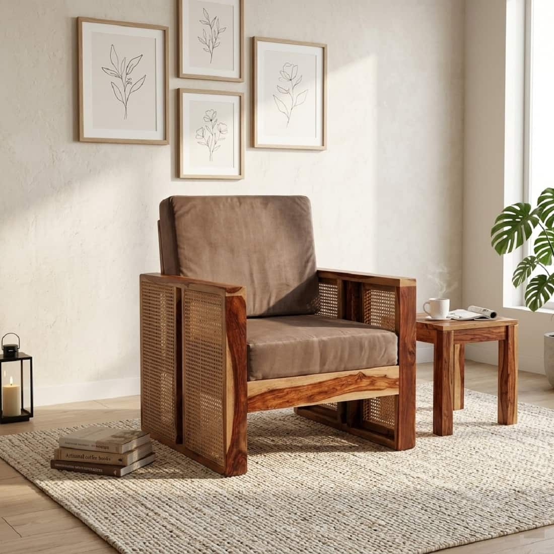 Ritik Solid Wood 1 Seater Rattan Designed Sofa  In Natural Teak Finish - Demiwall
