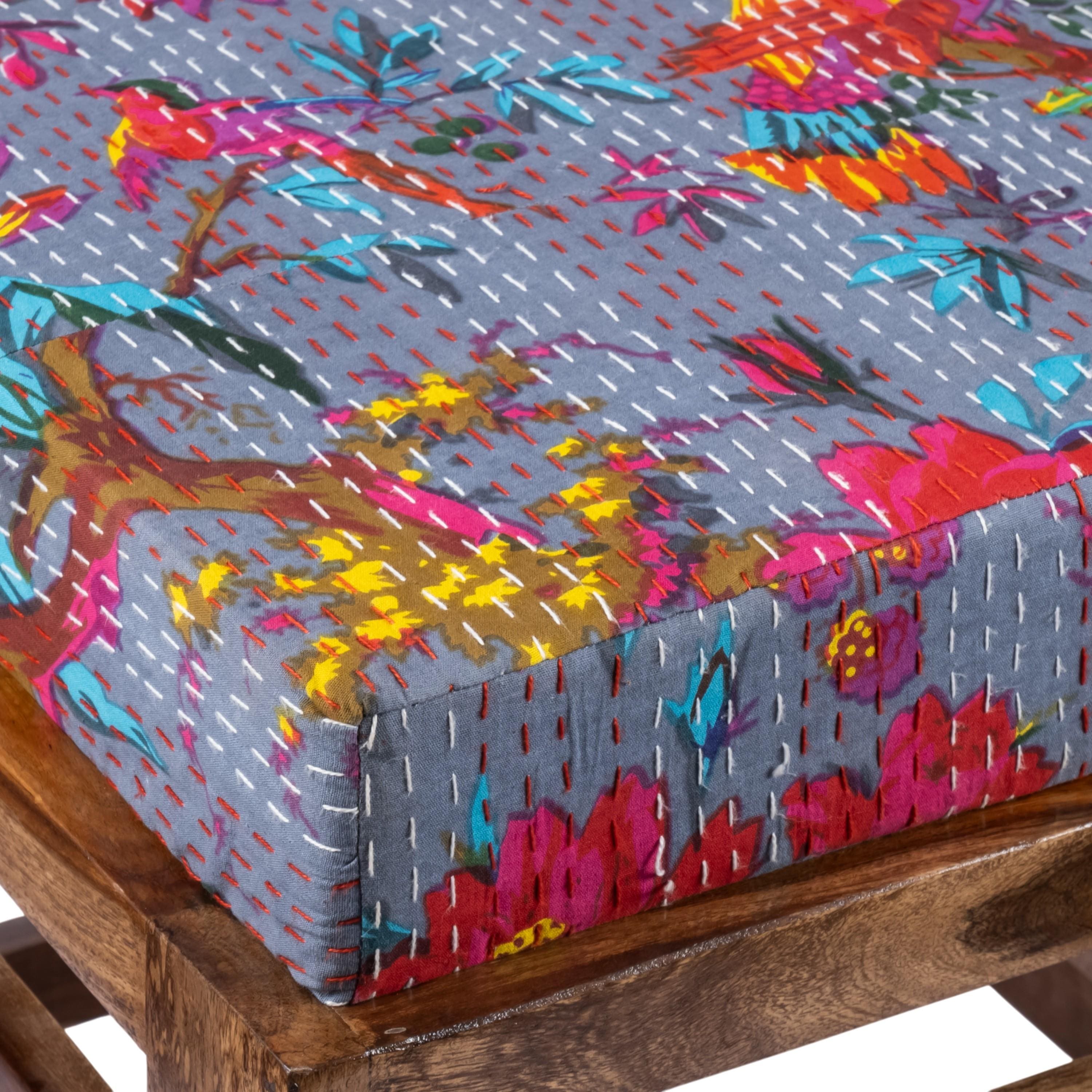 Houston Sheesham Wood Stool with Bird Print Grey Kantha Cushion