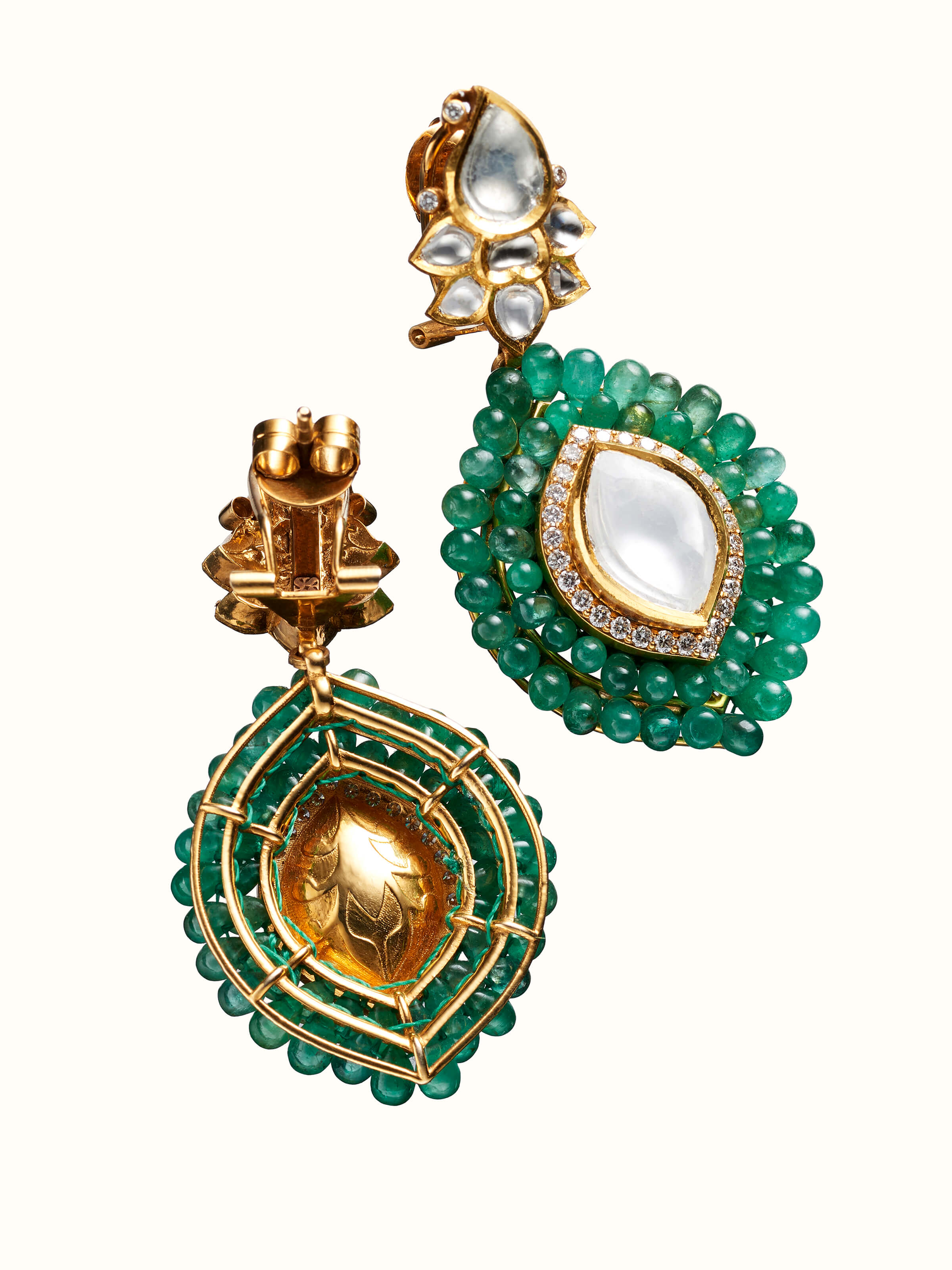 back view of dank polki 14 karat gold drop earrings