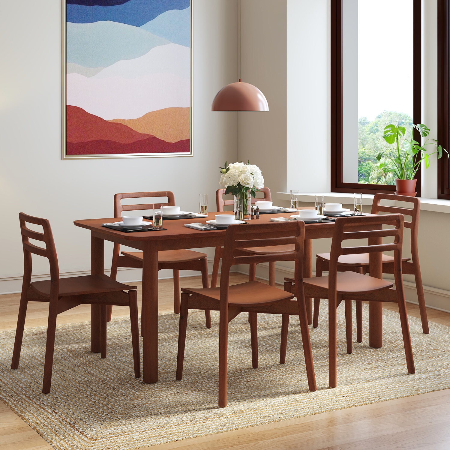 Dane Solid Wood Dining Table 6 Seater with 6 Dane Solid Wood Dining Chairs (Finish: Honey)