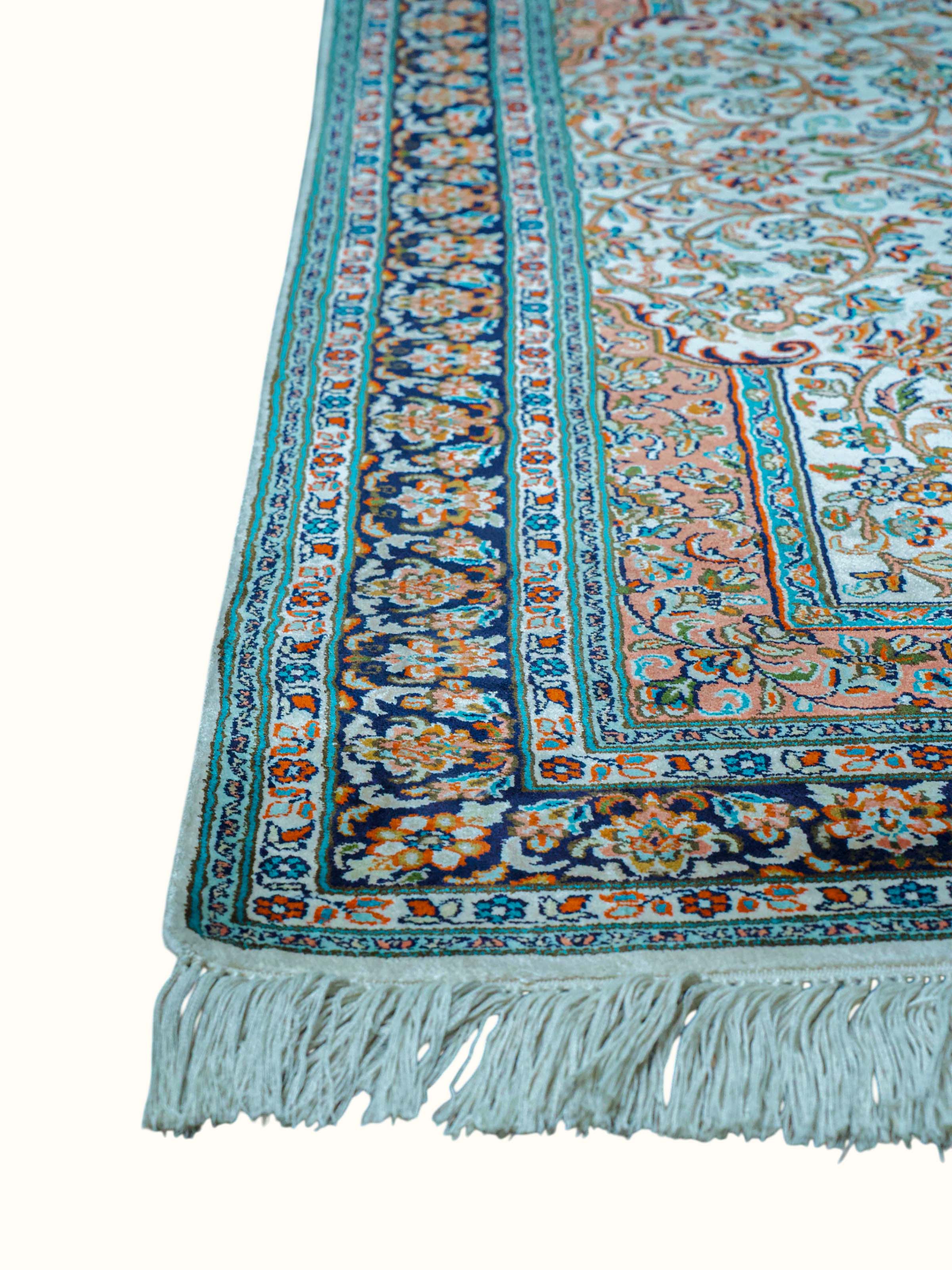 Traditional Persian Ivory Rust Kashan Kashmir Silk Hand-Knotted Carpet