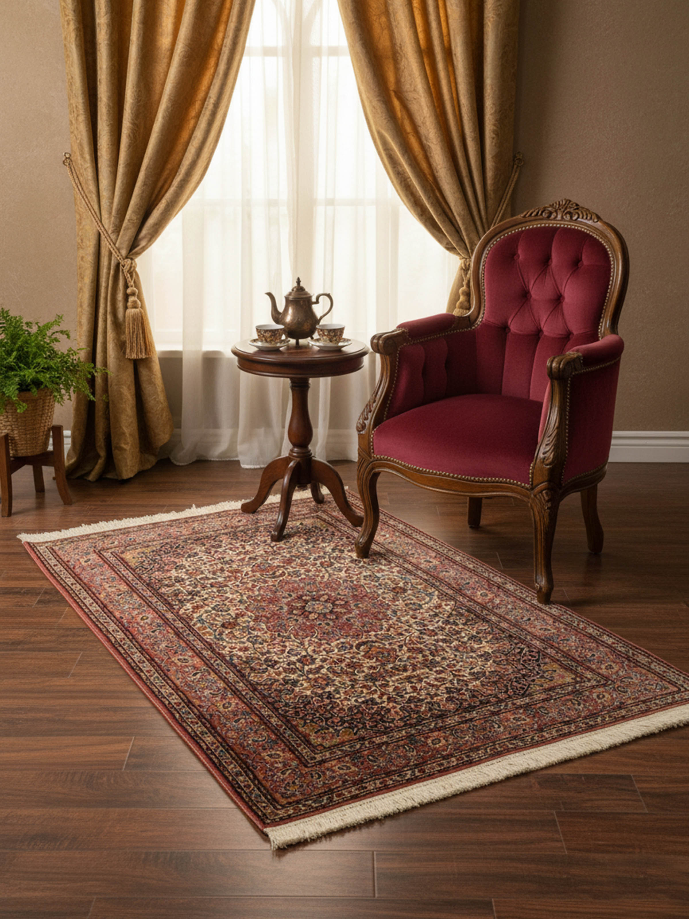 Traditional Persian ivory Kerman Kashmir silk hand-knotted rug in living room setting – Swadesh