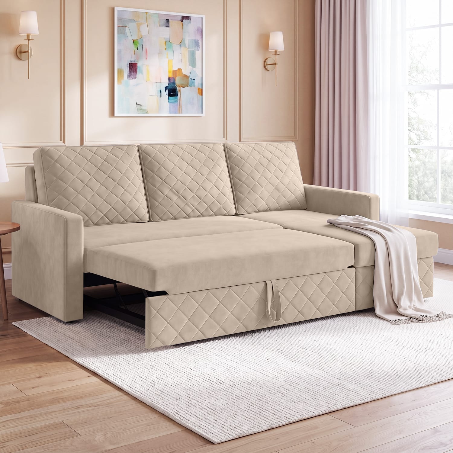 Kylo 3 Seater Velvet LHS Pull Out Sofa Cum Bed in Cream Color With Storage