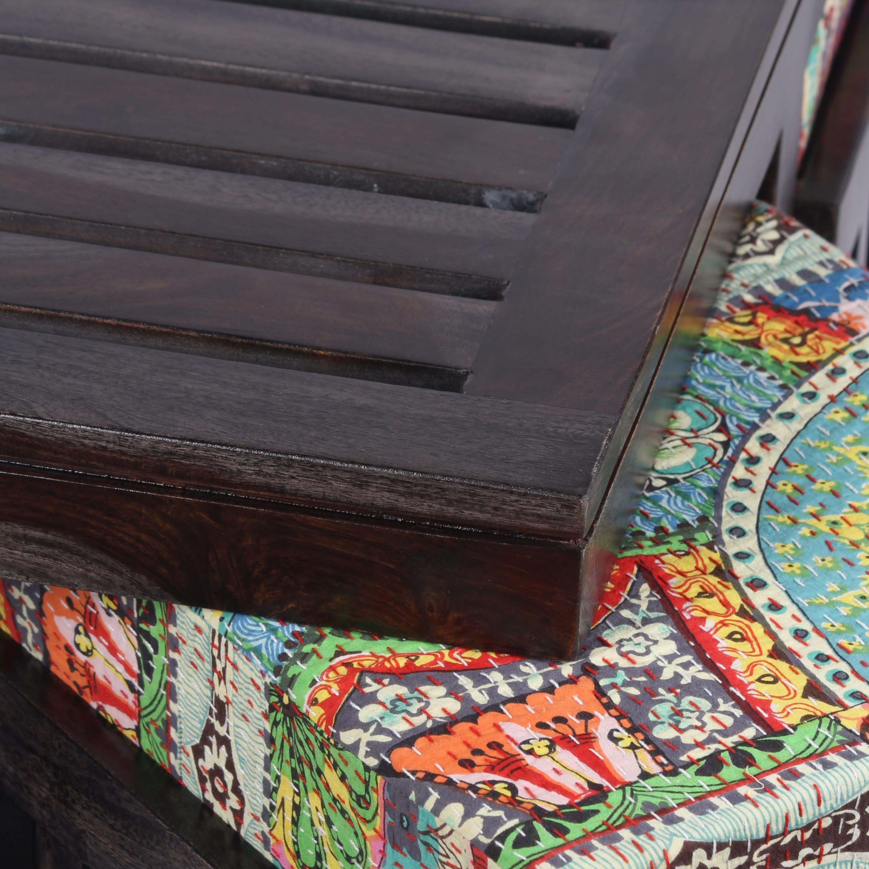 Palladio Sheesham Wood Coffee Table With 4 Stools Set In Mahogany Finish & Multi Colour Israel Print Kantha Fabric Cushions