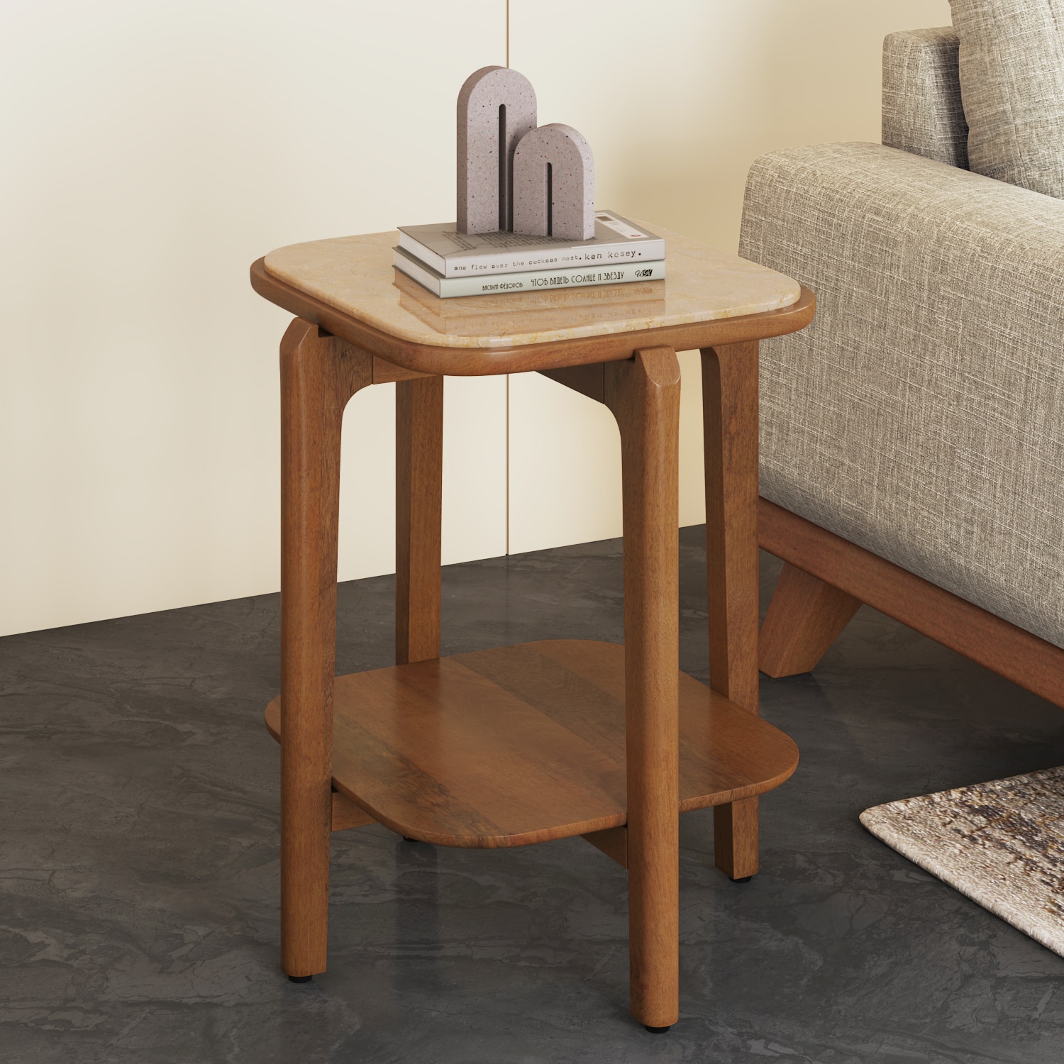 Alba Square Cluster Botticino And Solid Wood Side Table In Amber Walnut Finish - Urban Ladder