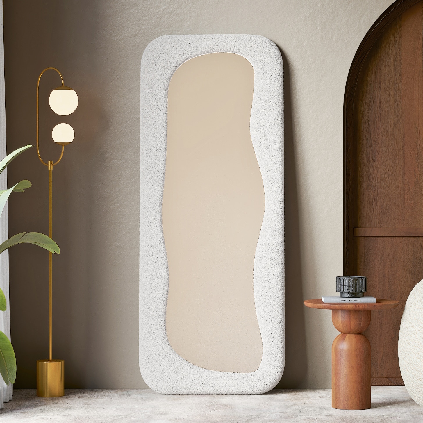 Miro Upholstered Organic Floor Mirror in White Boucle Finish
