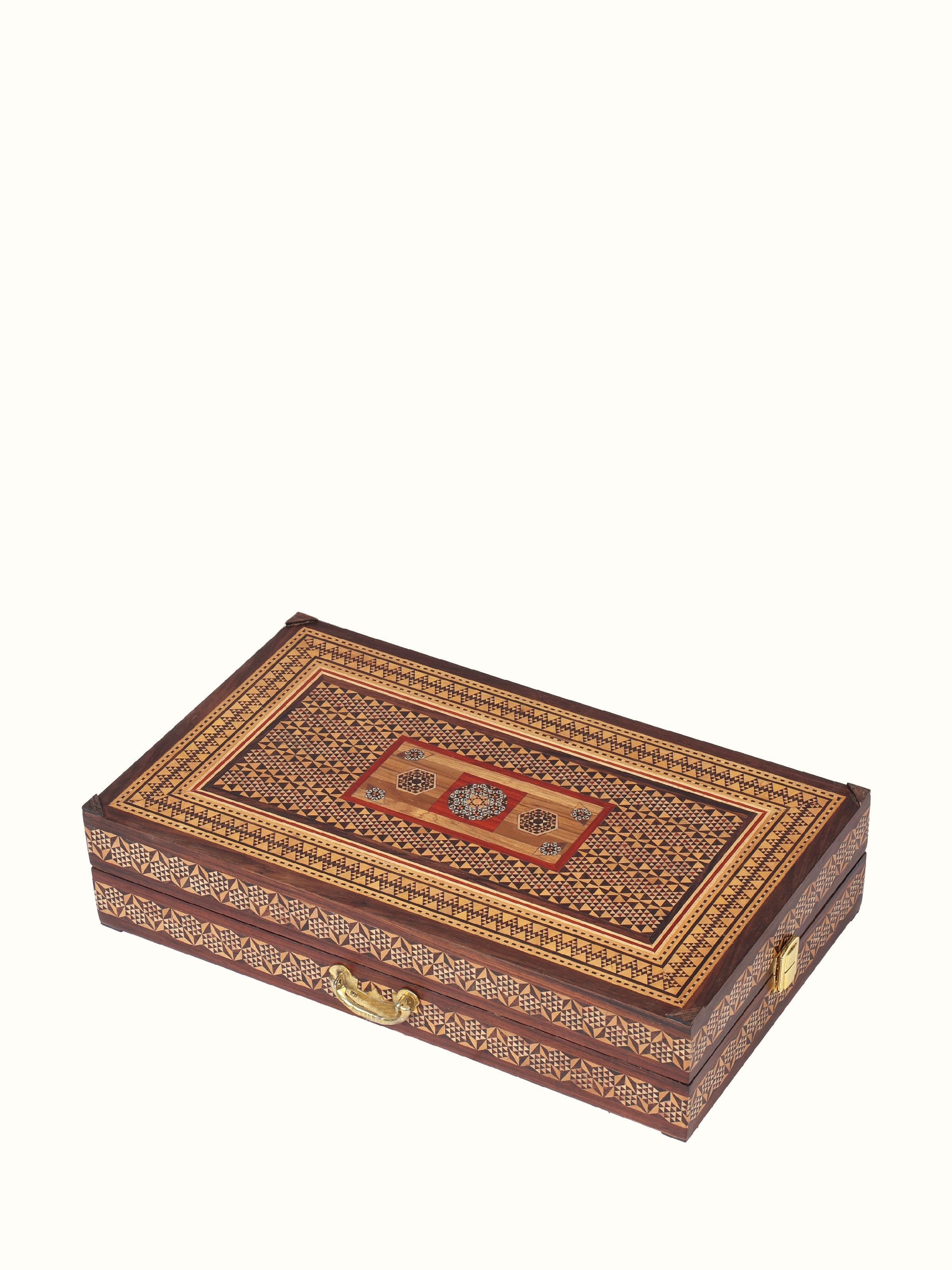 Decorative marquetry rosewood charkha in artistic inlay design – angled view