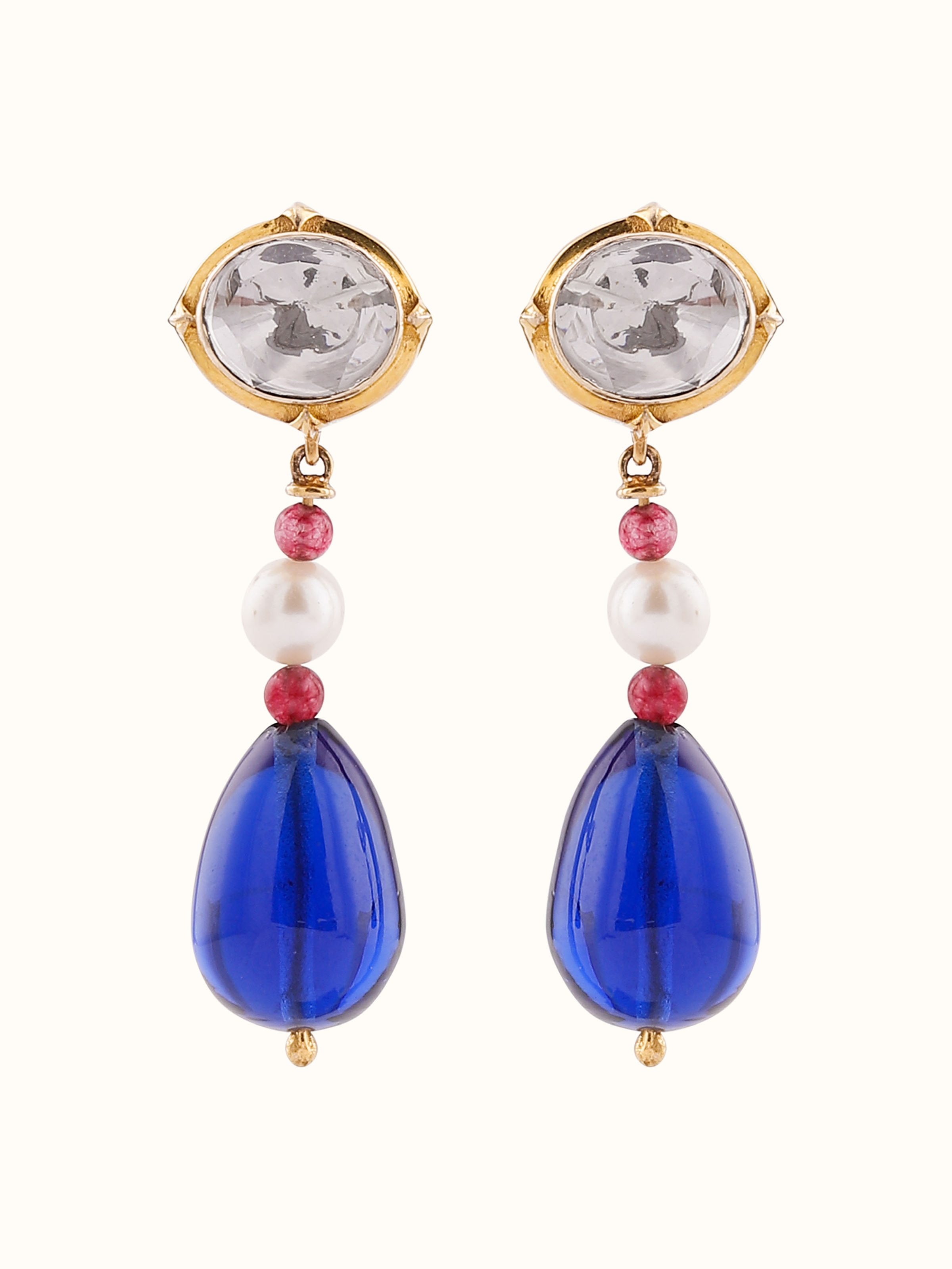 Front view of Dank Polki Gold Drop Earrings featuring hand-set Polki stones and a traditional crescent drop silhouette.