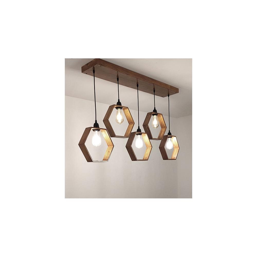 Hexagram 5 Series Brown Solid Wood Cluster Hanging Light