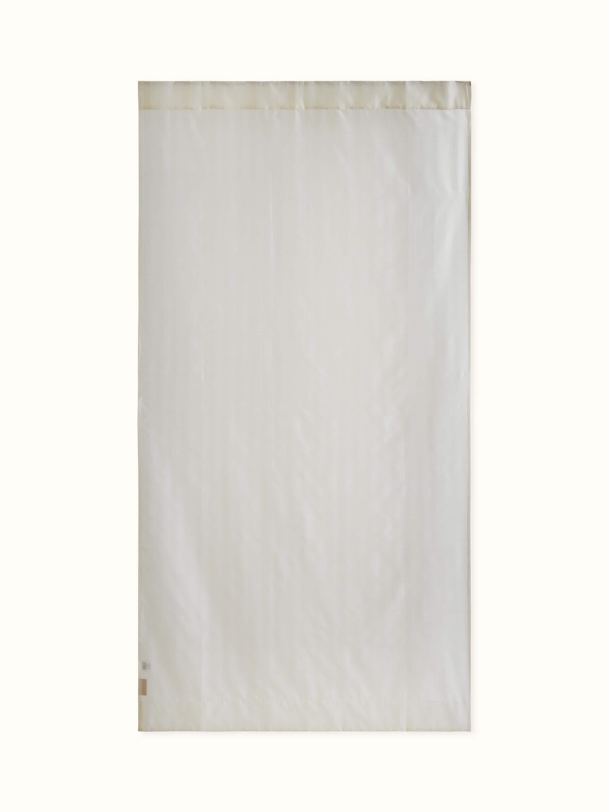Front view of ivory sheer curtain with wide silk-cotton Maheshwari stripes and delicate drape.