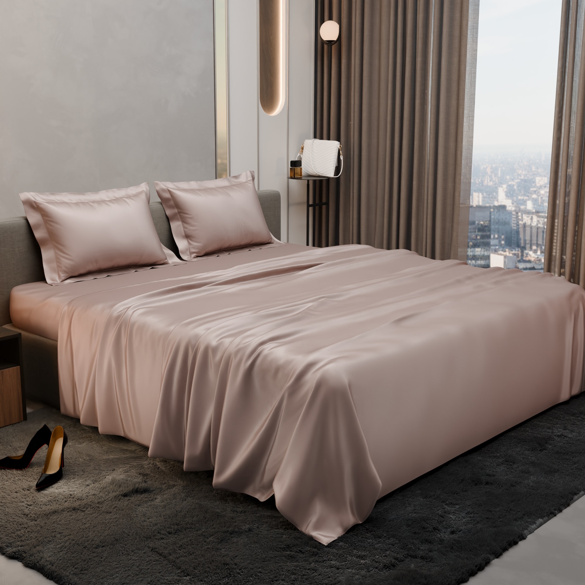 Stoa Paris Satin Bedsheet King Size with 2 Pillow Covers heet King Night Champagne - Stoa Paris