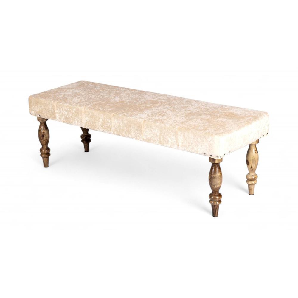 Cairo Soild Wood Bench In Velvet Cream Fabric