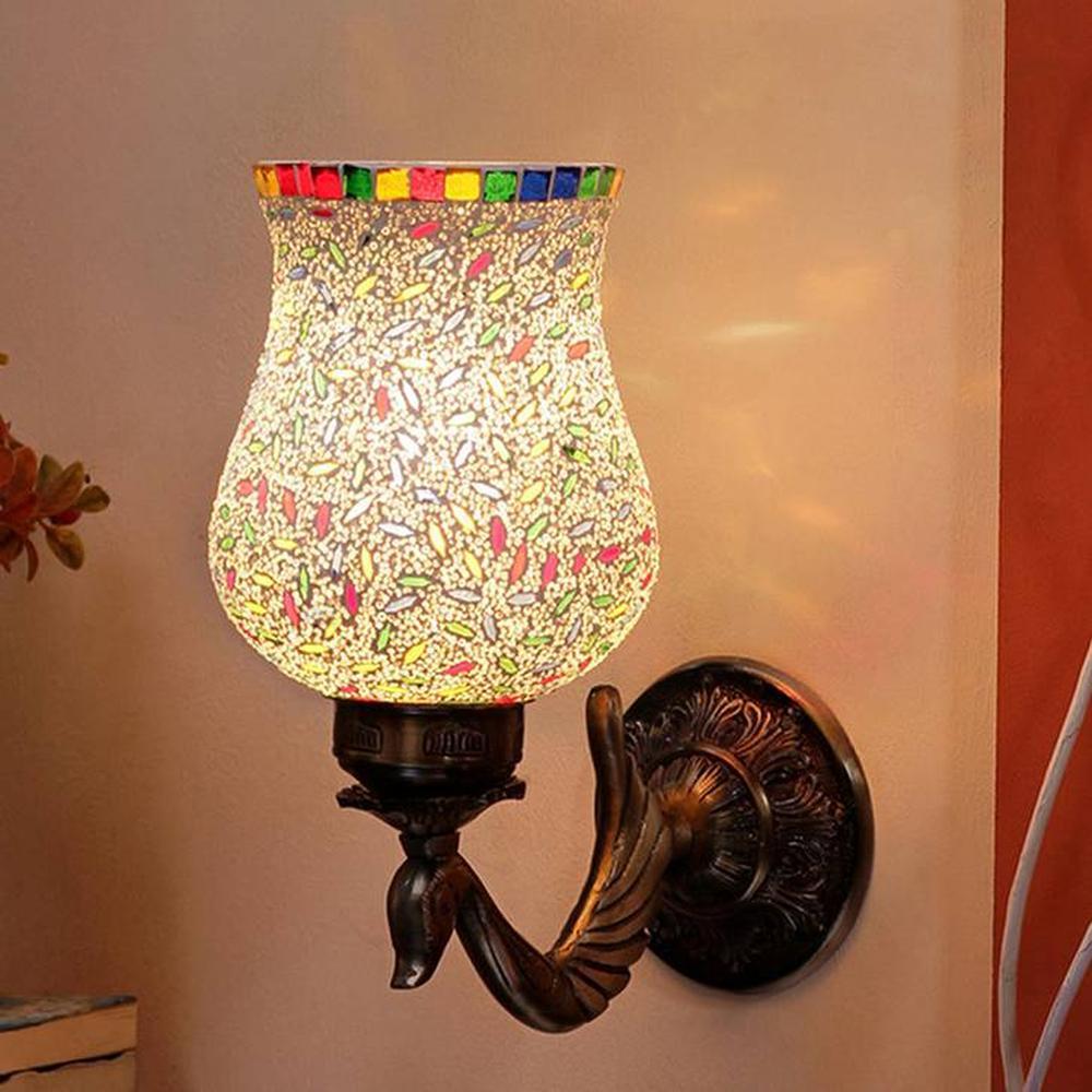 Barkley Antique Metal Peacock Wall Lamp with Multicolor Mosaic Glass