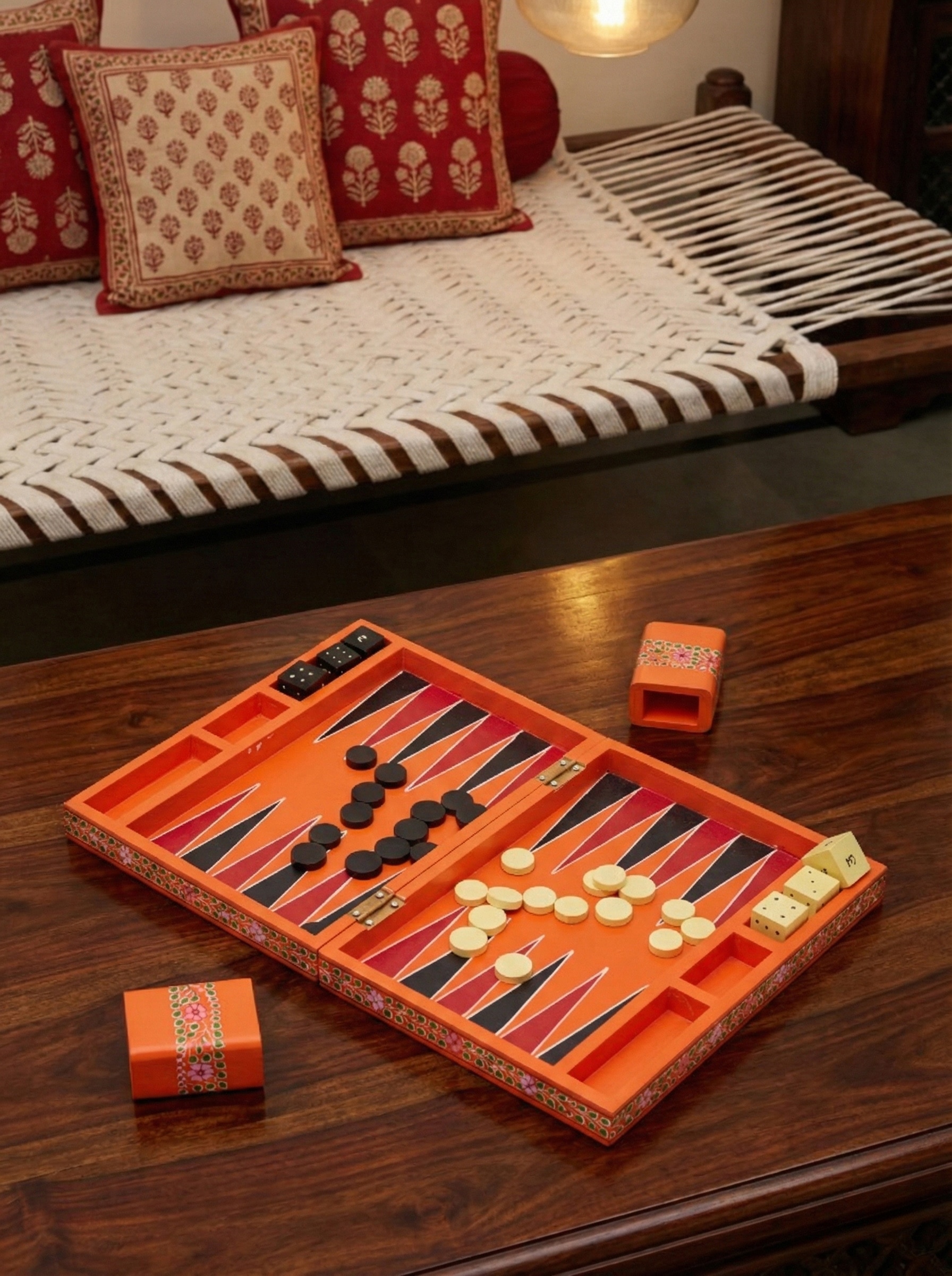 Ganjifa cedar wood backgammon board game in orange finish with traditional design