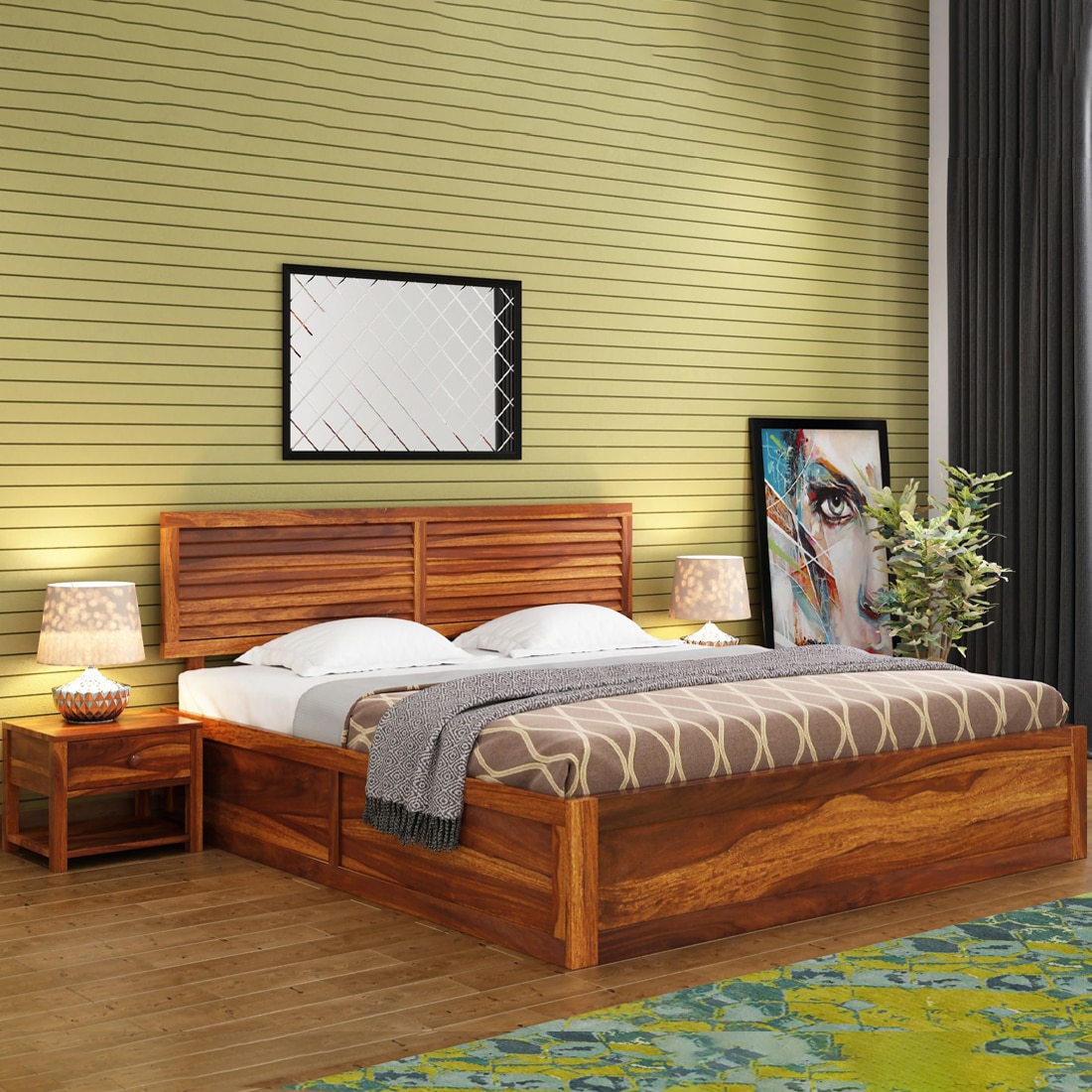 Hearti Solid Wood Queen  Size Bed Without Storage (Teak Finish) - Woodenmood