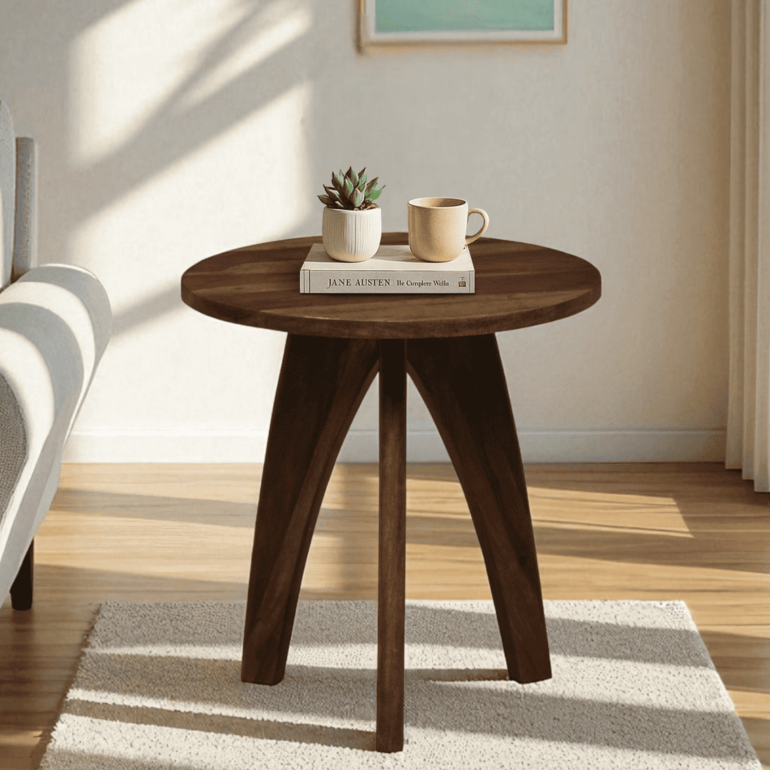 Crescent Solid Wood  Side Table Walnut Finish