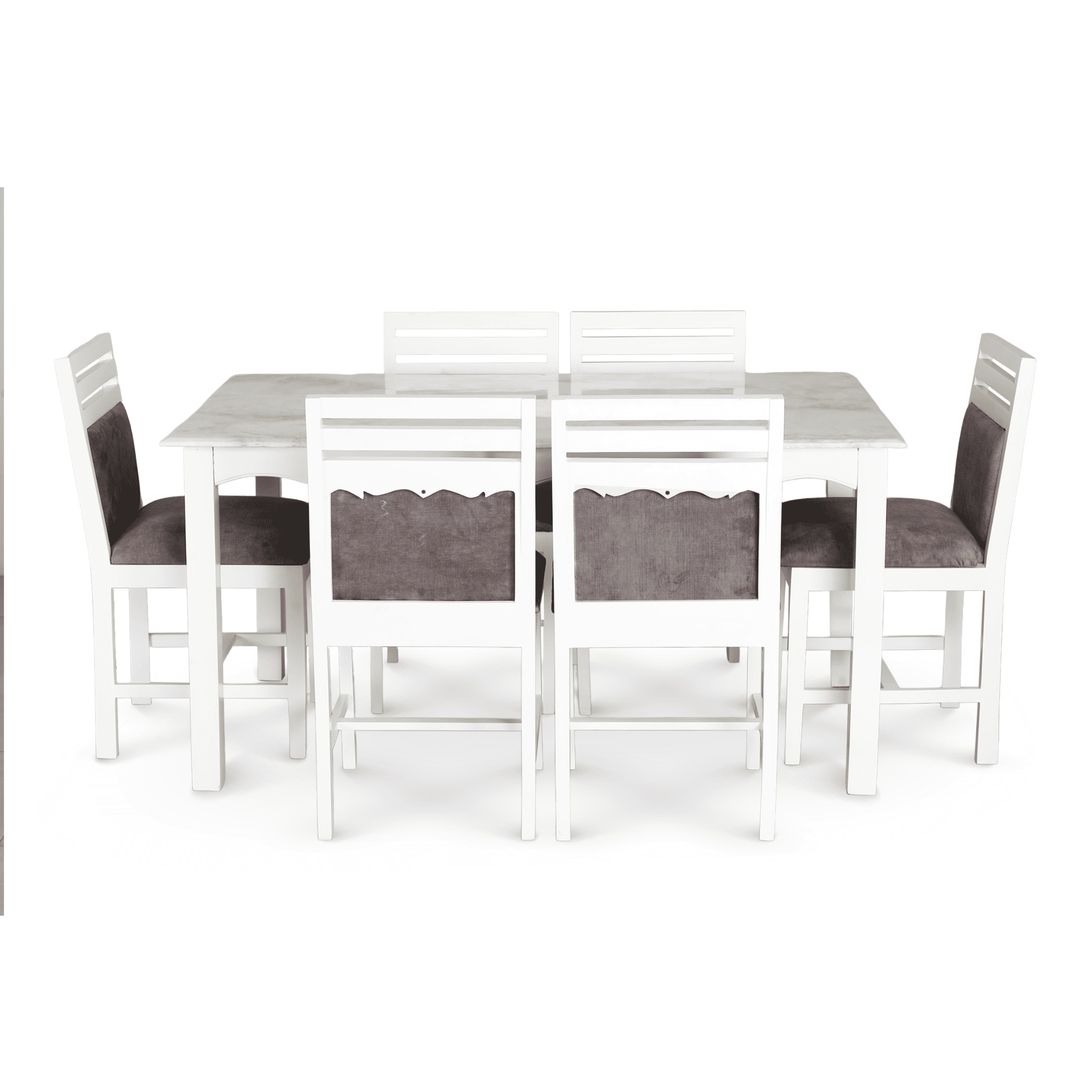 Globally Indian Compact Wooden Dining Table Set For 6 – White Painted Finish With Cushioned Seating