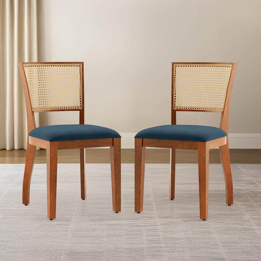 Reed Solid Wood Dining Chair Set Of 2 In Finish Amber Walnut And Colour Night Blue Velvet