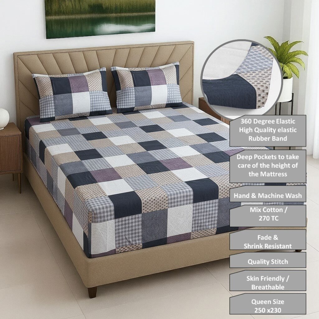Multicolor Geometric 270 TC Glaze Cotton Fitted Queen Size Bedsheet With 2 Pilllow Covers
