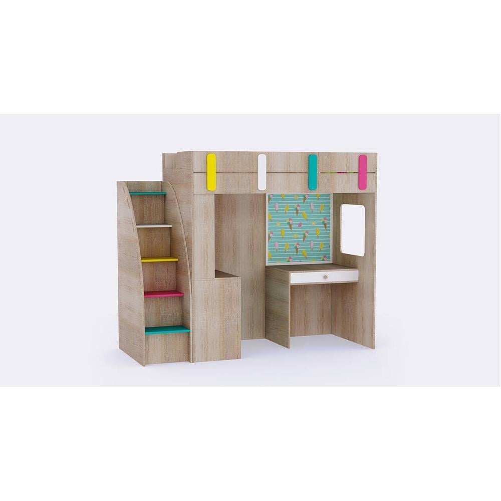 Origami Loft Bed with Study Table and Storage in Oak Colour
