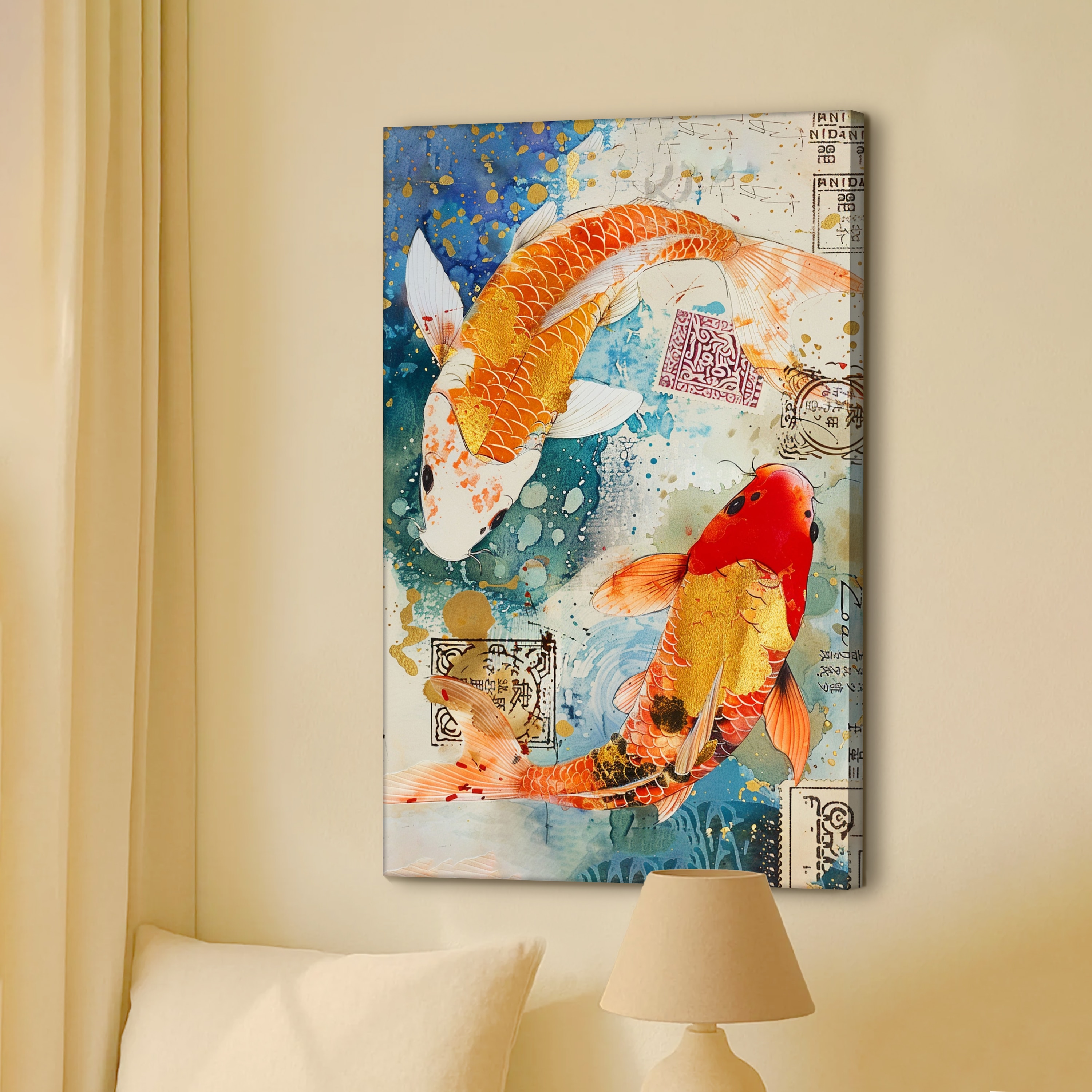 Abstract Traditional Koi Fish Canvas Wall Art 22 x 34 Inch - Art Street