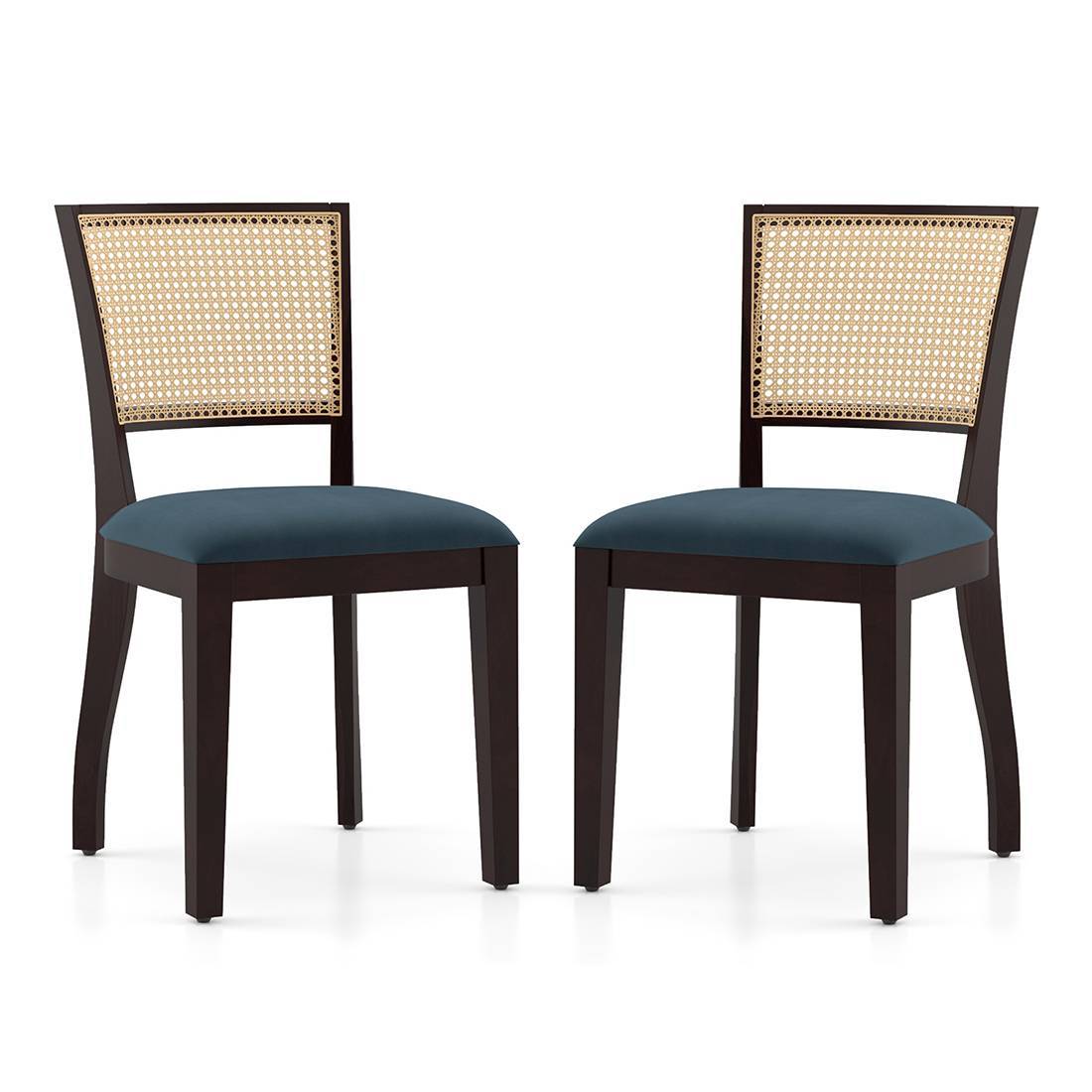 Argiro Solid Wood Dining Chair in Mahogany Finish & Blue Velvet Colour - Set of 2 - Urban Ladder