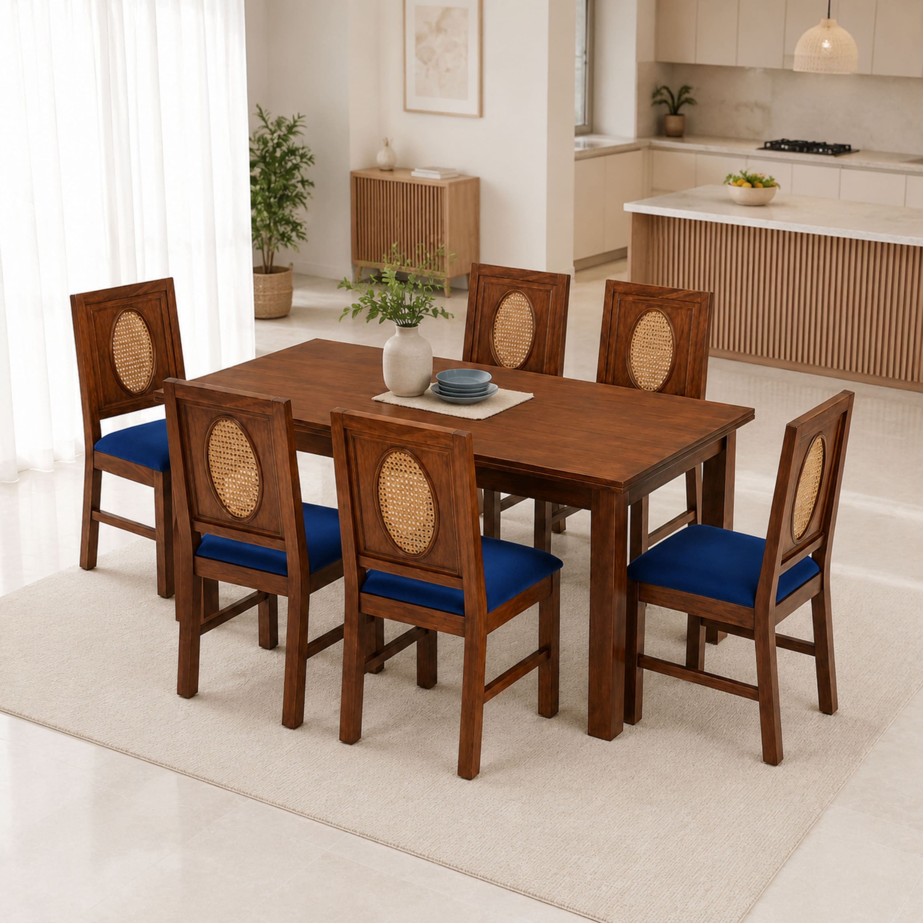 Globally Indian Elodie Solid Sheesham Wood 6 Seater Dining Table Set 6 Chairs Navy Blue