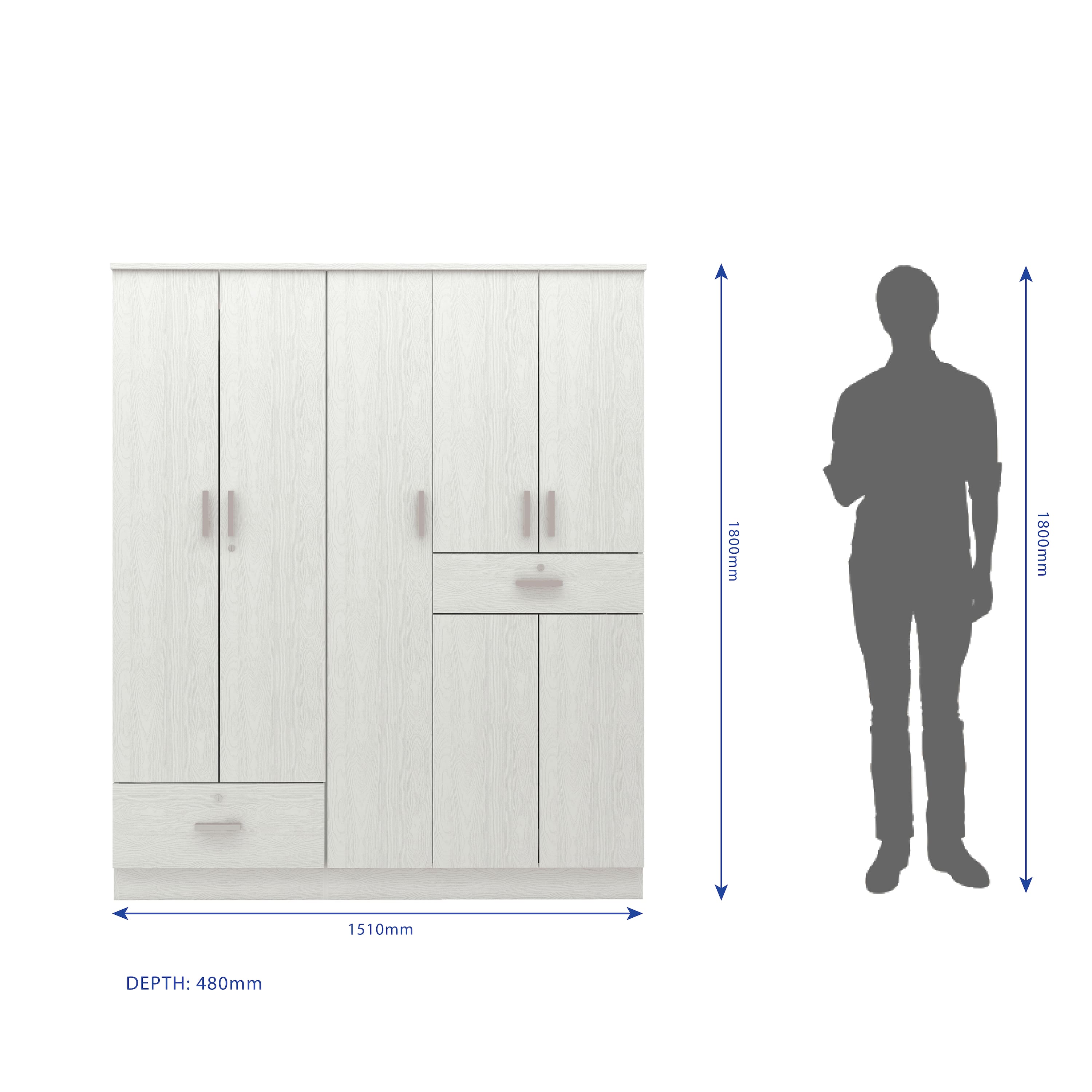 Ren 5 Door Engineered Wood Wardrobe in Silver Oak Finish