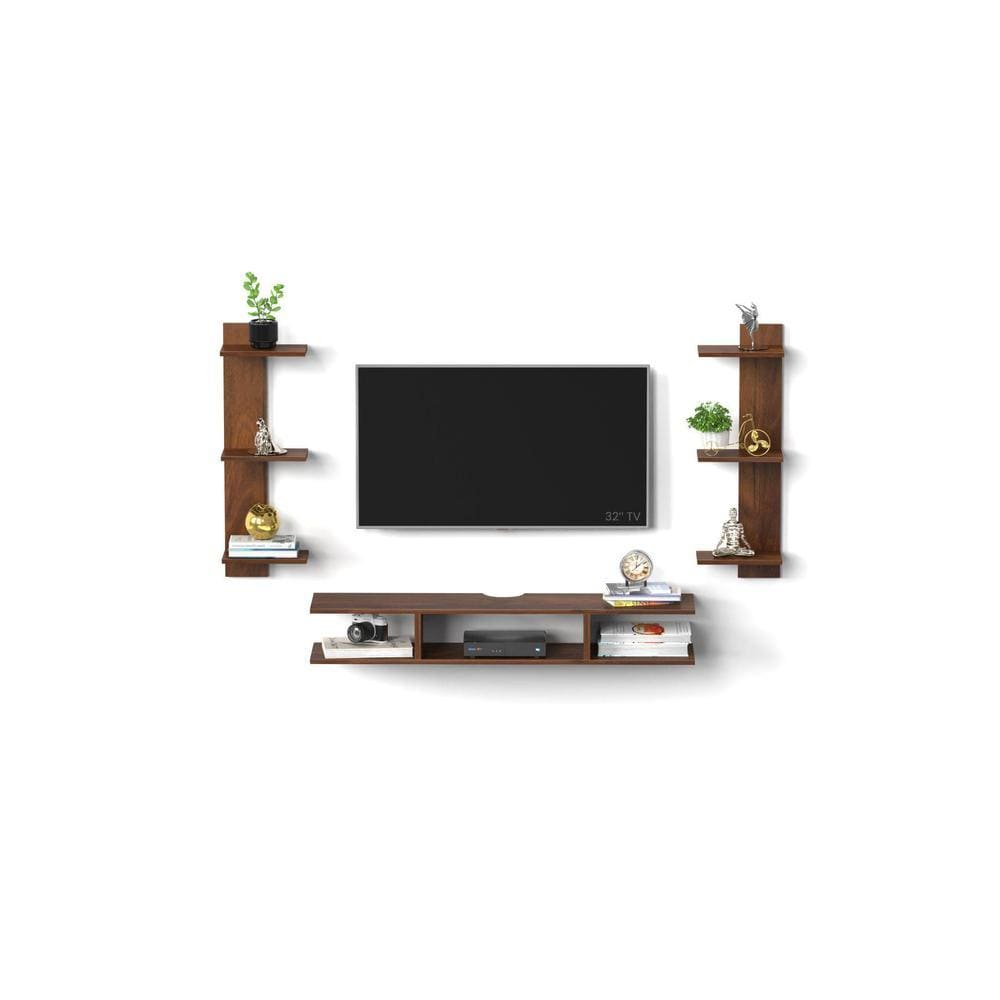 Estoye Mini Engineering Wood Wall Mount TV Entertainment Unit Set Top Box Stand/TV Cabinet with Shelves for Books & Decor Display Unit Bed Living Room Upto 32 Inches (Brown Maple)