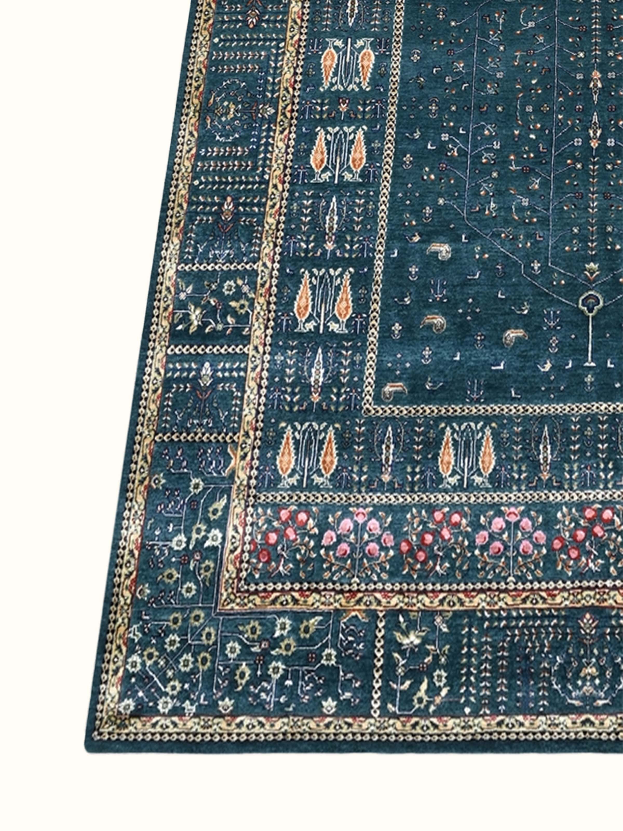 Traditional Persian Blue Rust Tree of Life Bhadohi Wool & Bamboo Silk Hand Knotted Rug