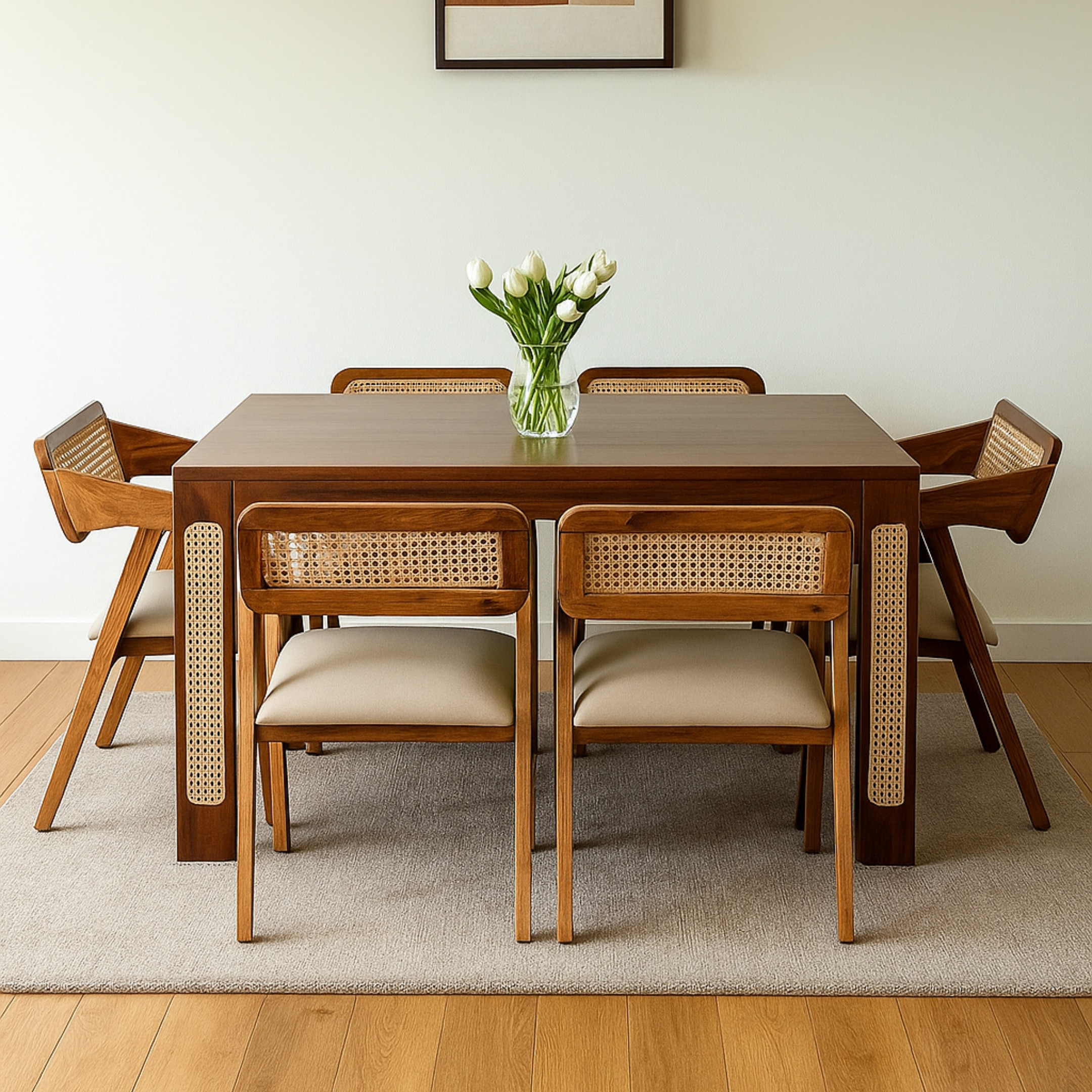 Globally Indian Sheesham Wood  6 Seater Dining Table Set With 6 Cushioned Cane Armchairs – Beige Color