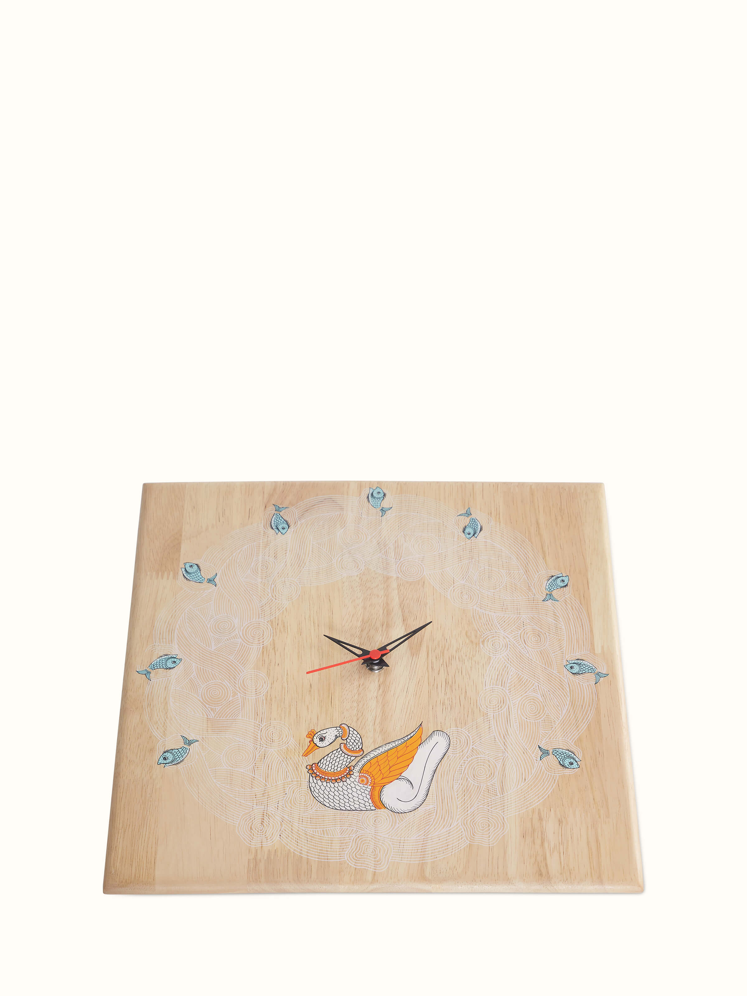 Front view of Transitional Pattachitra Dancing Swan Wooden Wall Clock highlighting its traditional artwork and design.