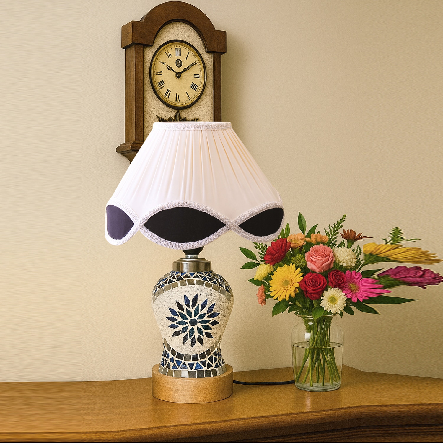 Devansh Multi Vintage Cotton Pleated Shade Lamp With Wood & Mosaic Glass Base For Decoration/Office/Home/Gifting/Study For Decoration/Office/Home/Gifting/Study - Devansh